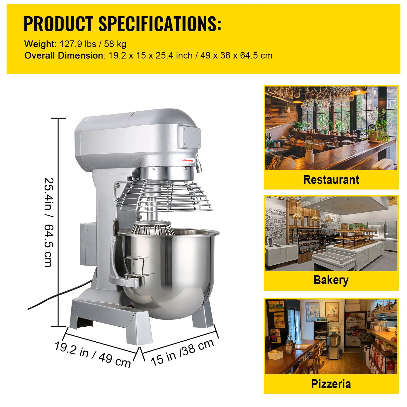 Commercial Food Mixer 15Qt 600W 3 Speeds Adjustable Heavy Duty Whisk Beater