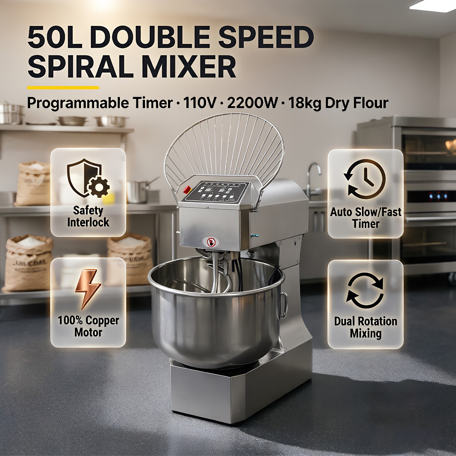 50L All Stainless Spiral Dough Mixer Inverter Double Speed Auto Slow-Fast Switch