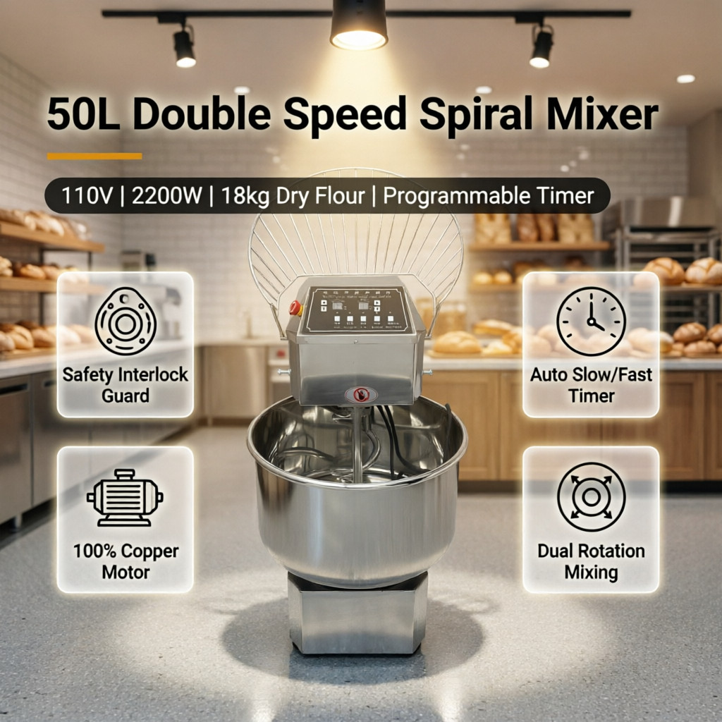 50L All Stainless Spiral Dough Mixer Inverter Double Speed Auto Slow-Fast Switch