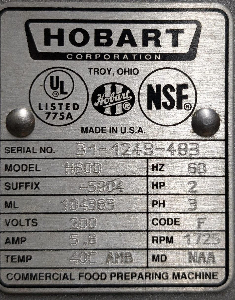 Hobart H600 60 Quart Commercial Planetary Mixer w/ Bowl, Whisk, Paddle & Hook