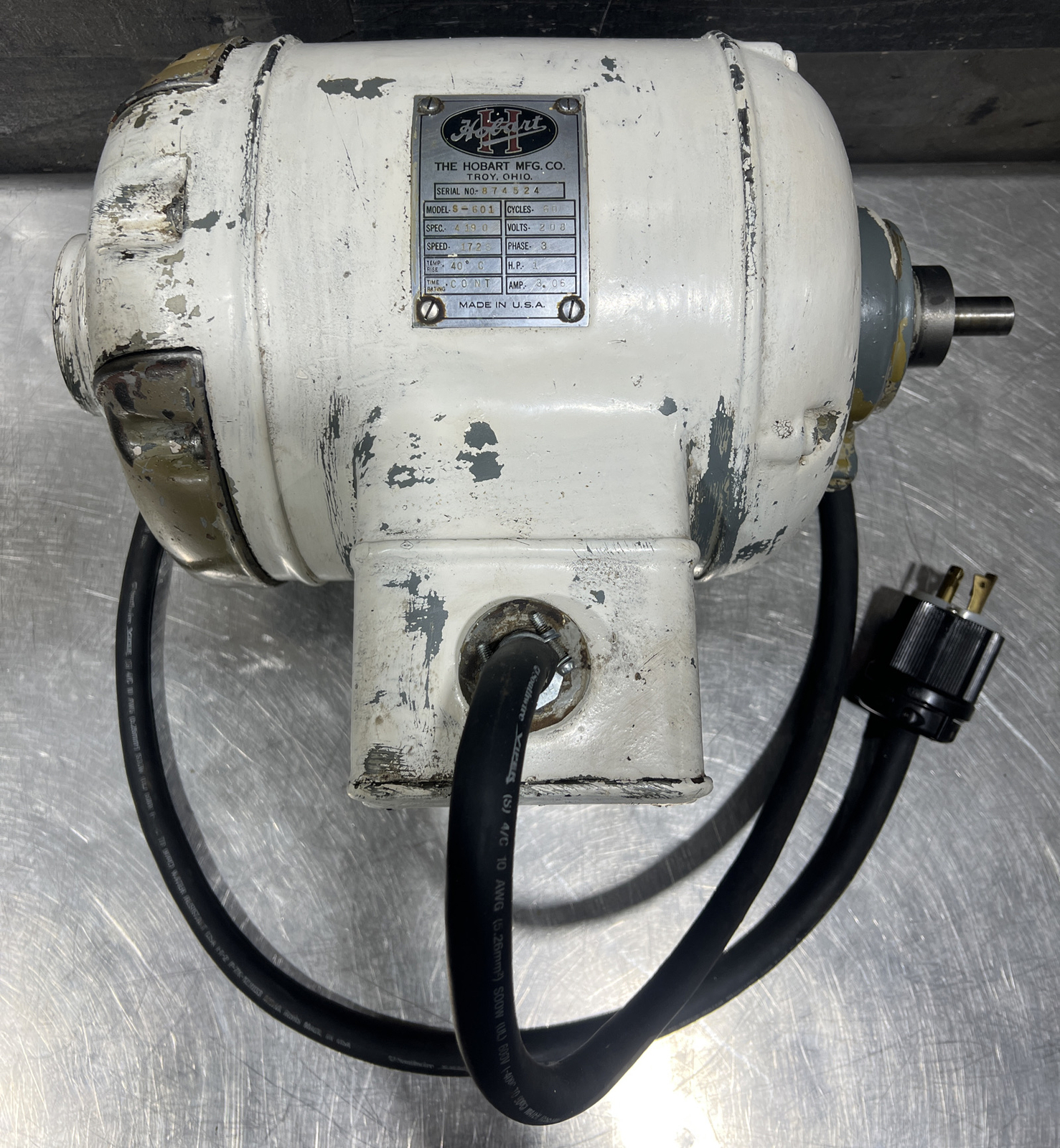 Genuine Vintage Hobart S-601 60 Qt Dough Mixer Motor. 3 Ph 1 HP 208V 1725 RPM