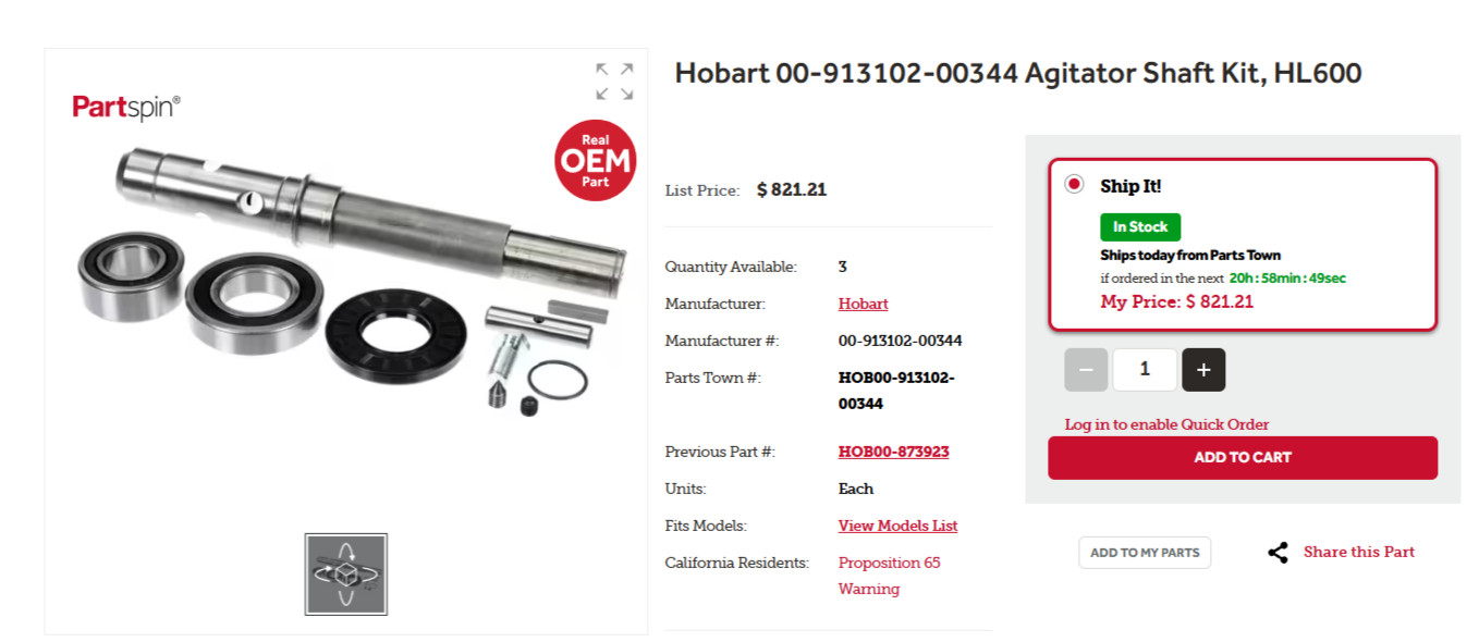 Hobart 00-913102-00344 Agitator Shaft Kit, HL600 HL661 & HL662