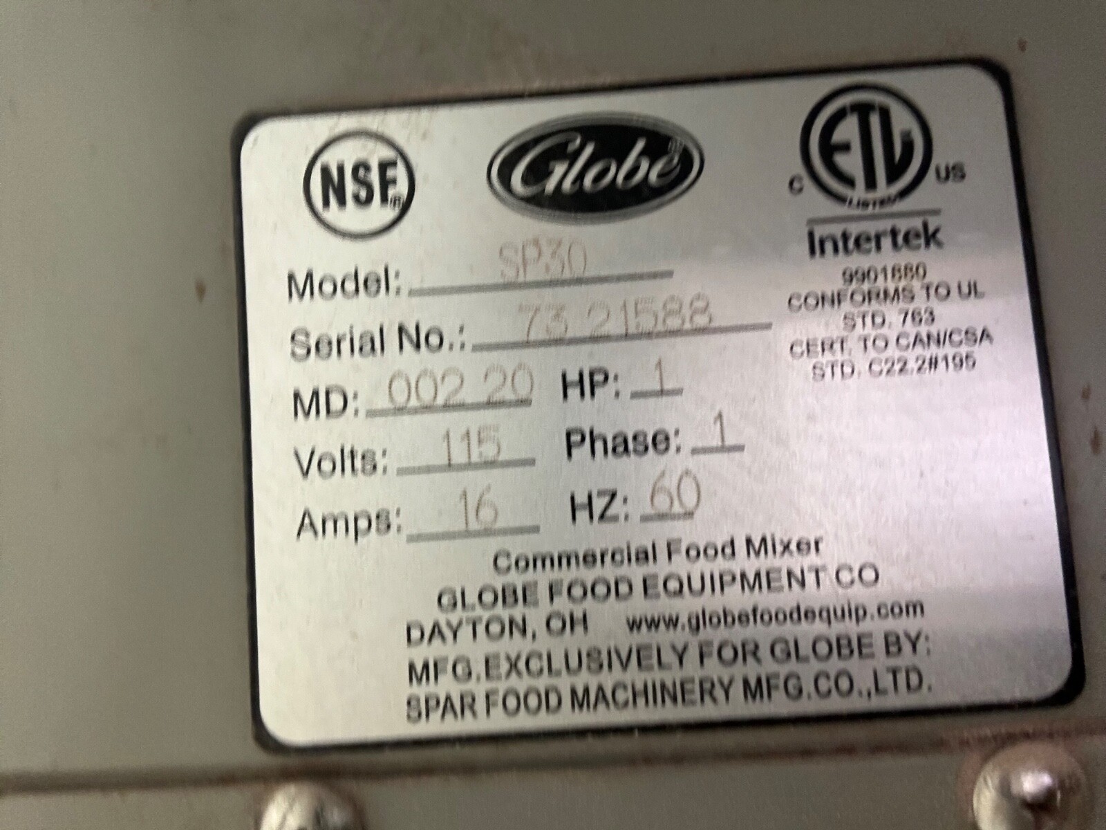 Globe SP30 Mixer Planetary Gear Driven 30 Quart, 115V, 1Ph