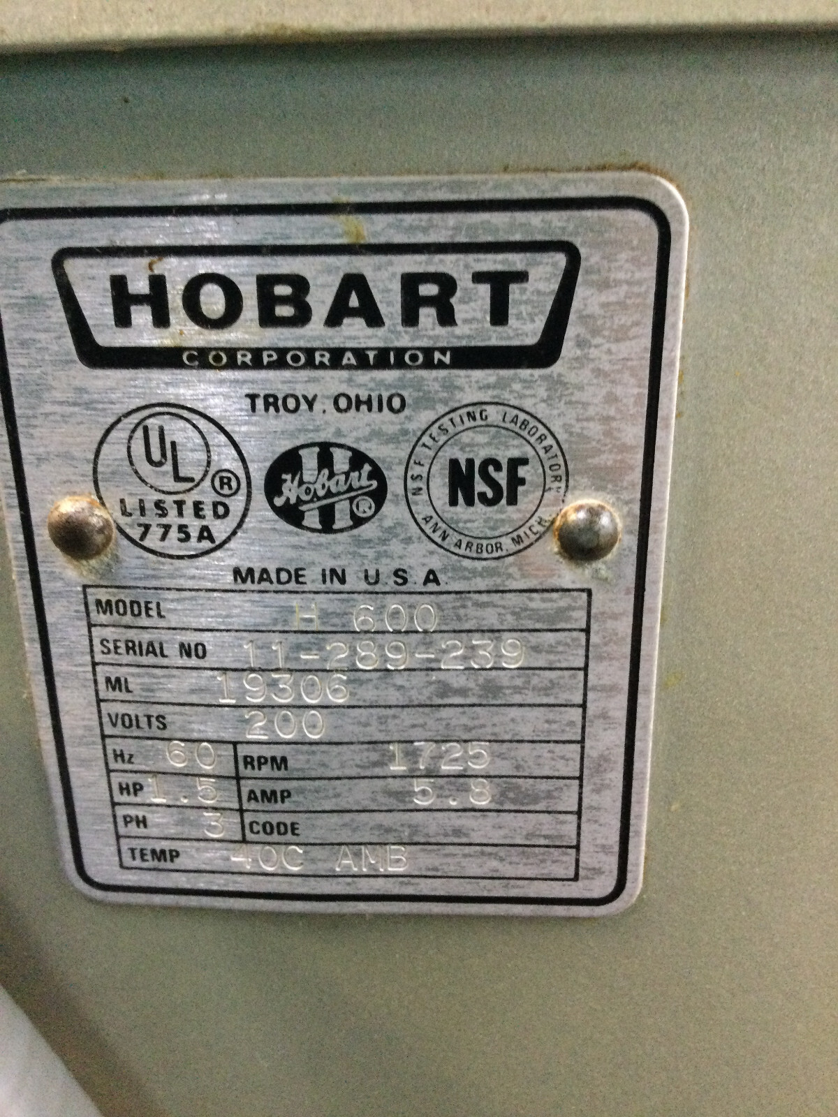 Hobart H-600, 60qt Dough Mixer With Bowl 1 Attachment