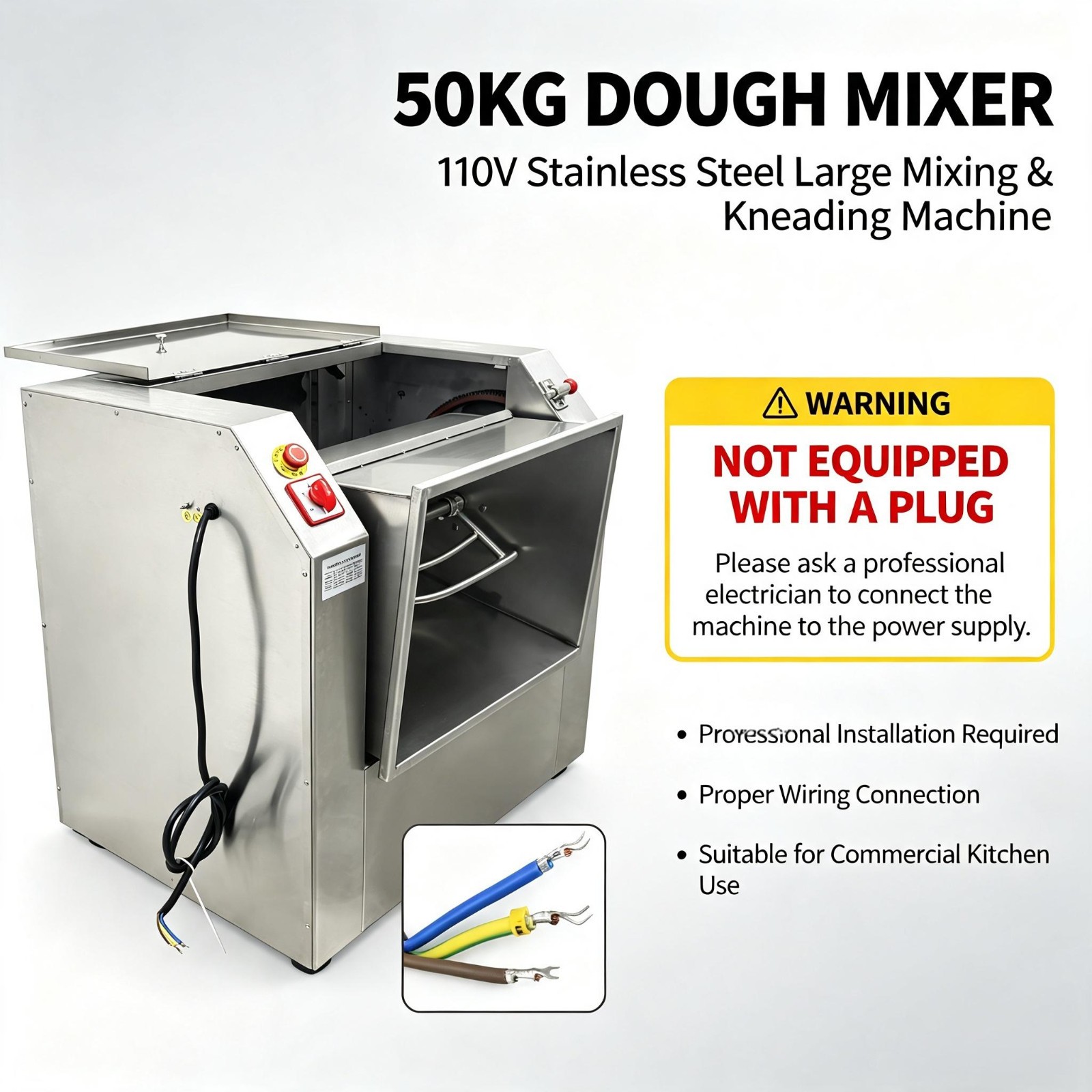 110V 50KG Commercial Dough Mixer 3000W Electric Flour Kneading Machine No plug