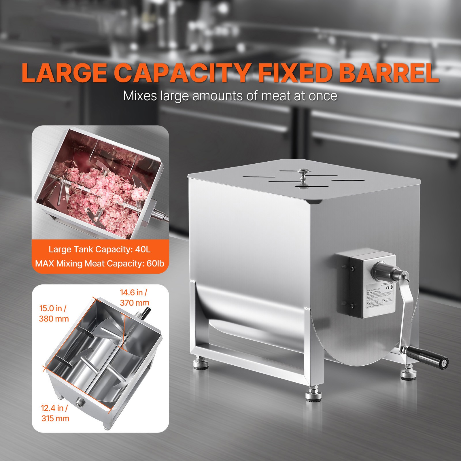 Uimoso Manual Meat Mixer 40L Fixed Tank Mixing Max 60LB for Meat Sausage Mixer