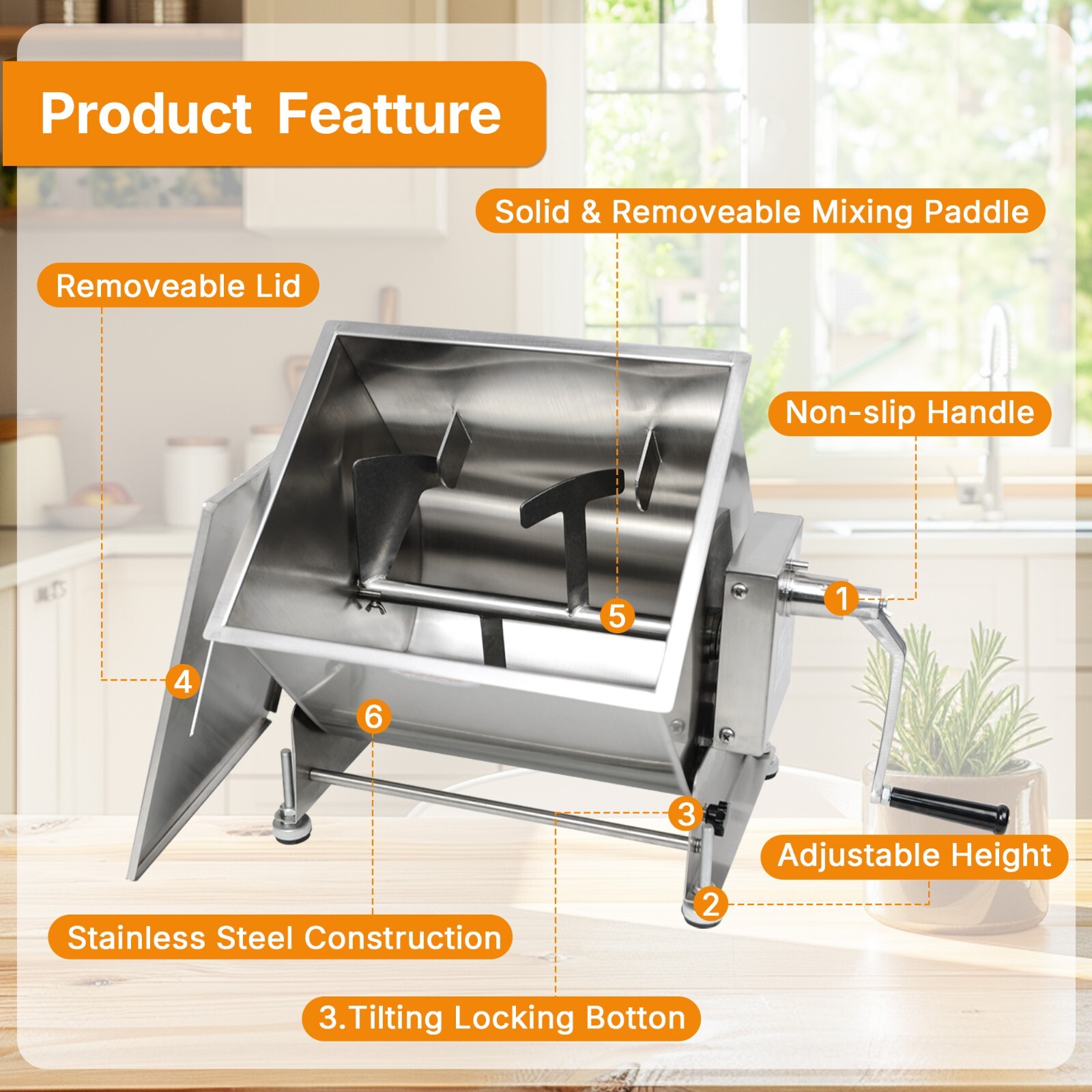 Kitchen Meat Mixer Tilt Tank with Lid 15Lbs 7.5L Manual Sausage Mixing Machine