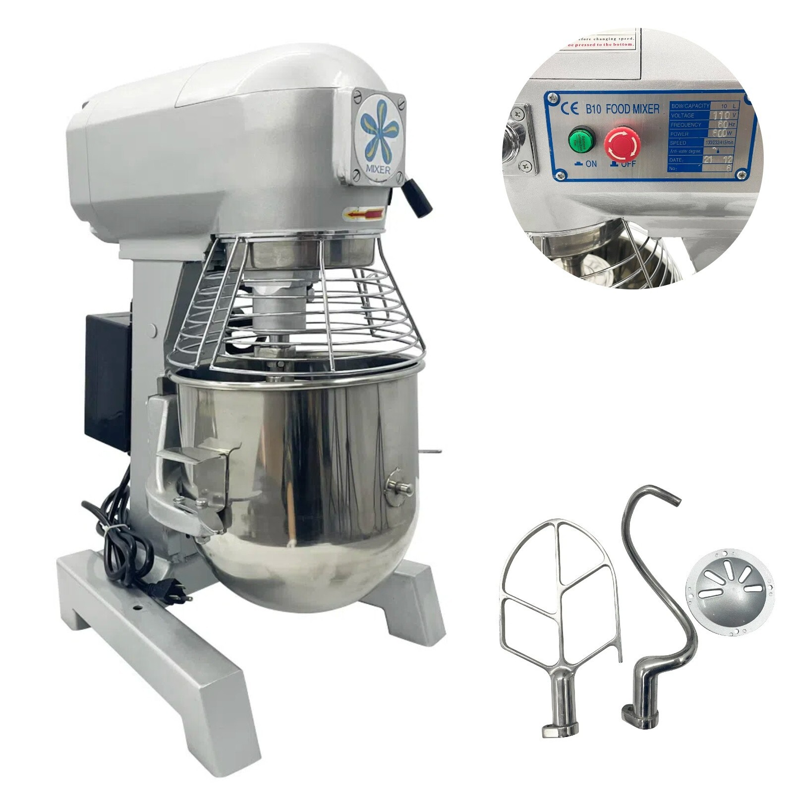 Commercial Dough Mixer Dough Kneading Machine with Emergency Stop 3 Speeds 10L