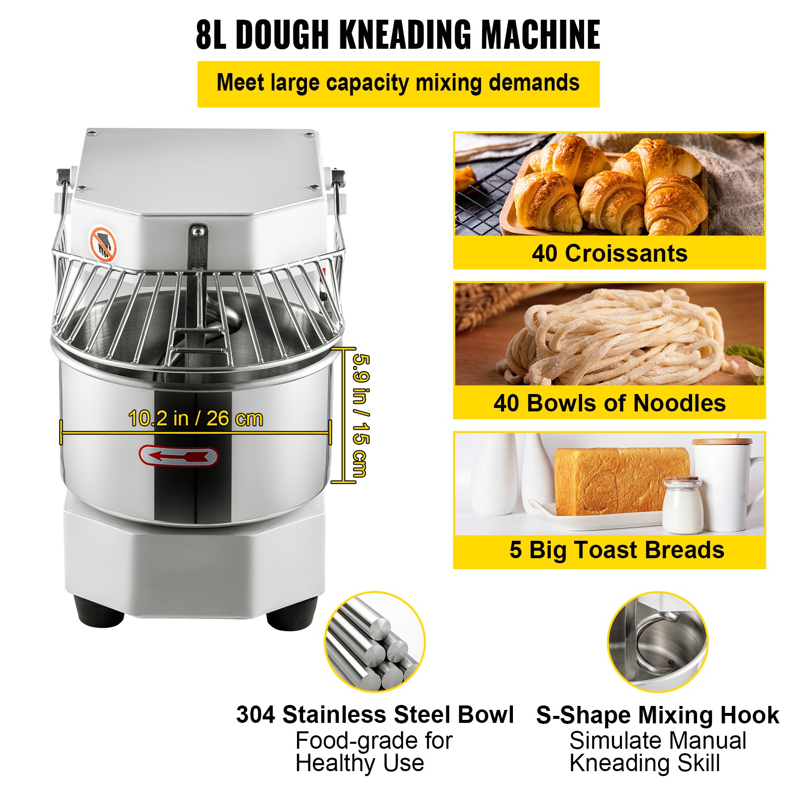 Uimoso Commercial Spiral Mixer with 8.5Qt Stainless Steel Bowl for Preparation