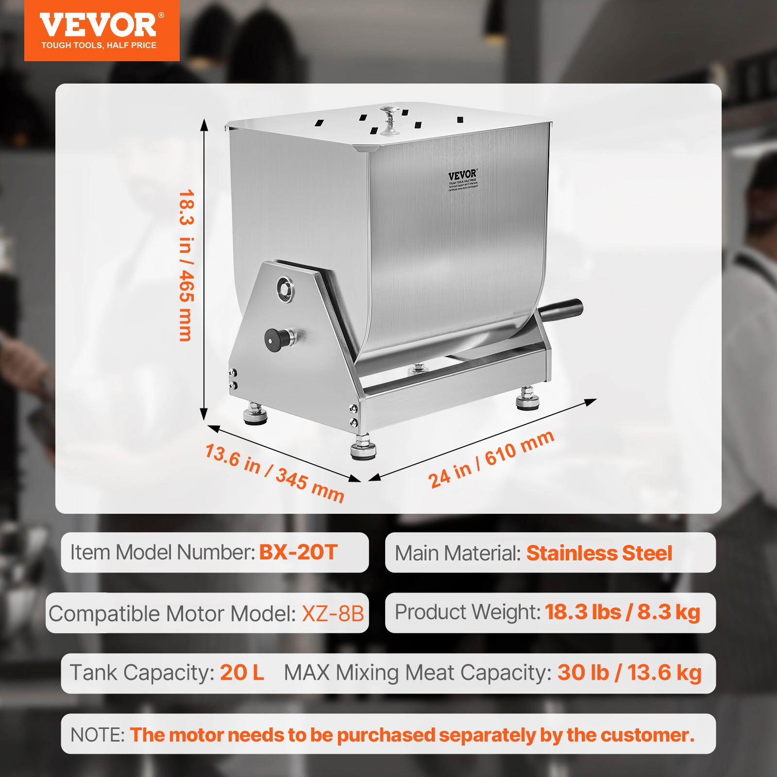 VEVOR Manual Meat Mixer Tilt Tank Mixing Max 30LB for Meat Sausage Mixer