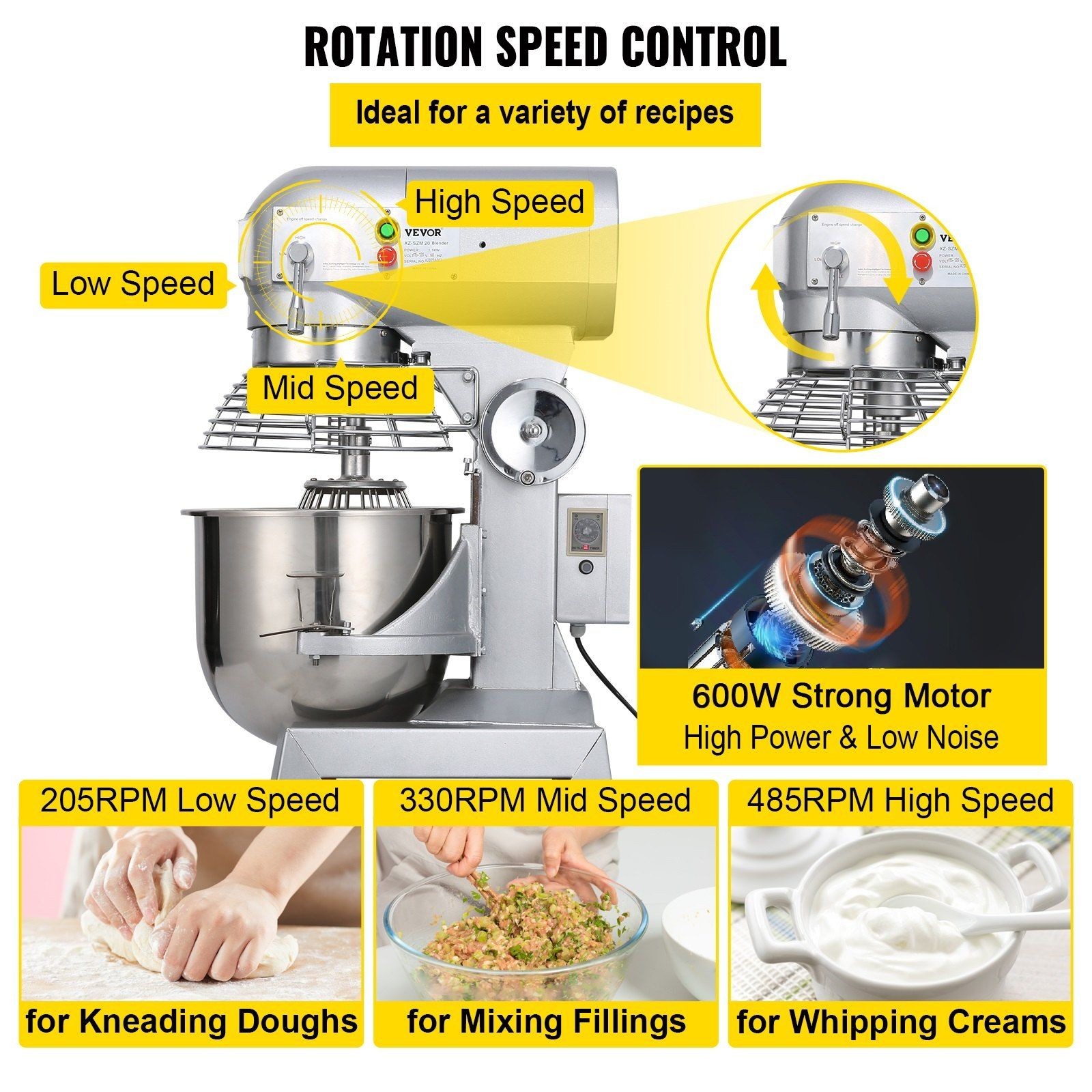 600W 15Qt 3-Speed Food Mixer & Stainless Bowl & Dough Hook & Whisk