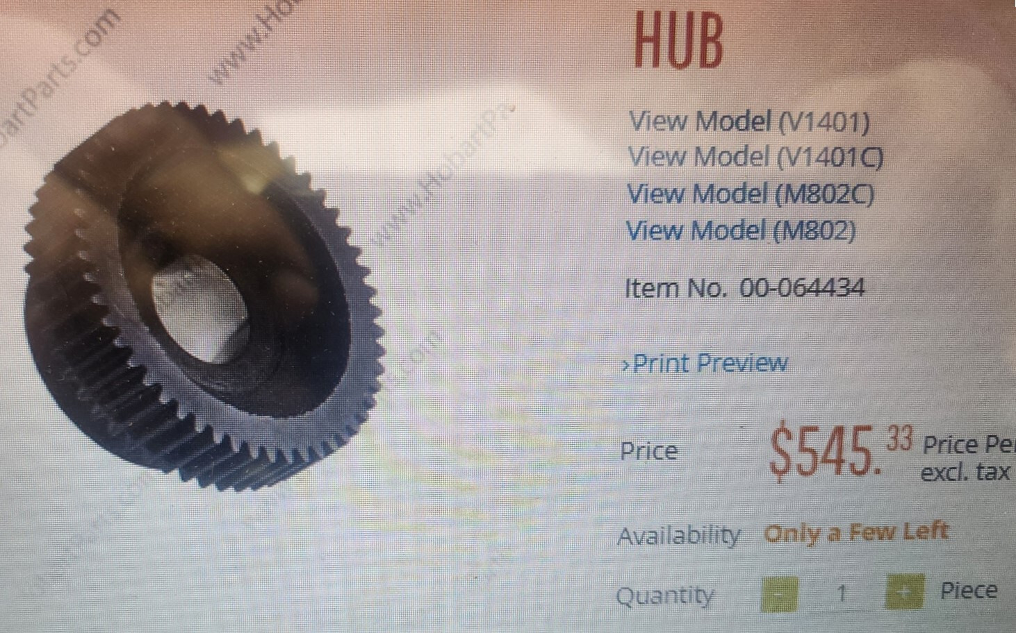 Hobart Mixer M802 V1401 Clutch Hub Spline #064434 New 64434