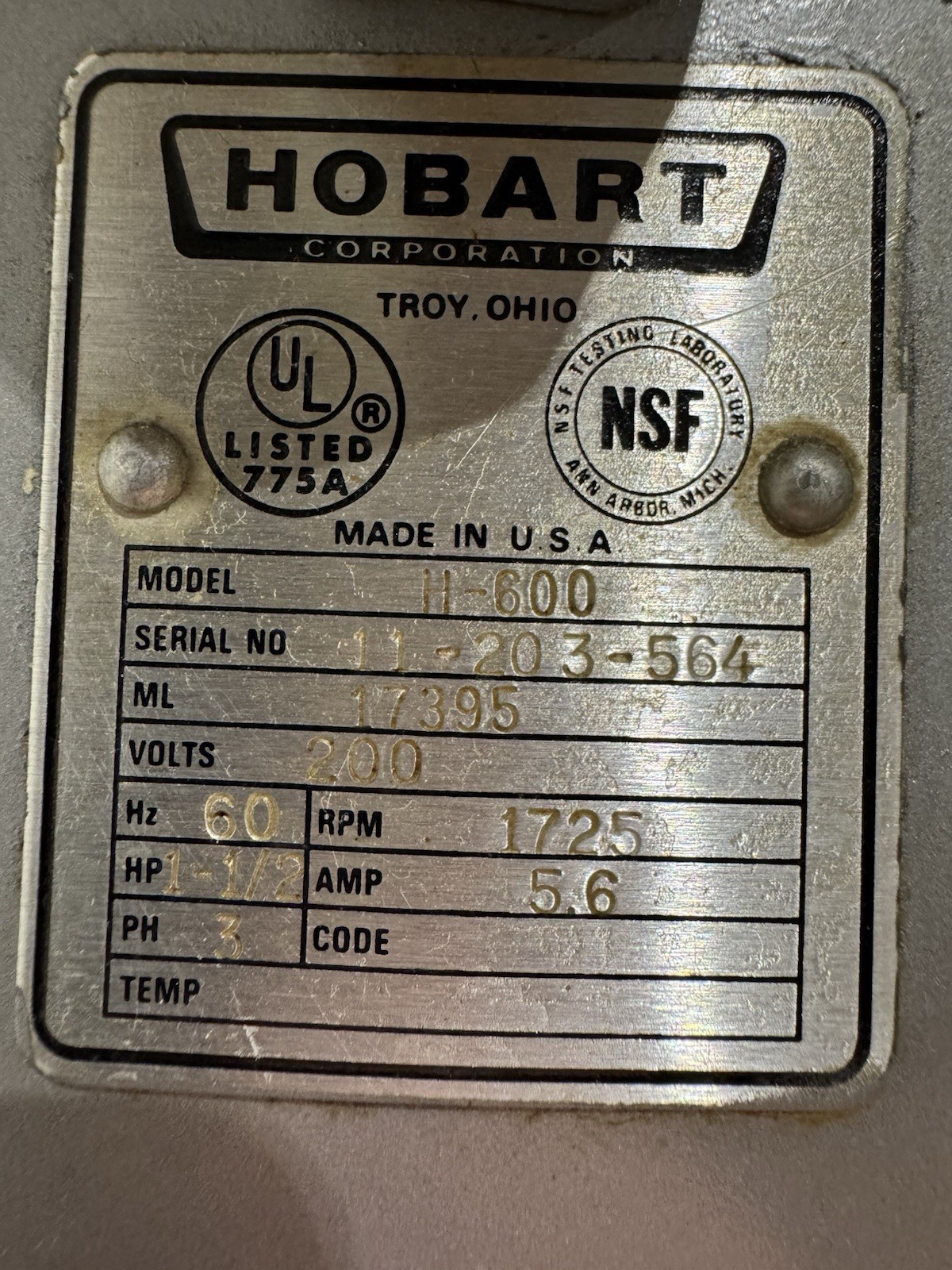 HOBART H600 60 QT BAKERY DOUGH MIXER W/ NO BOWL OR ATTACHMENTS