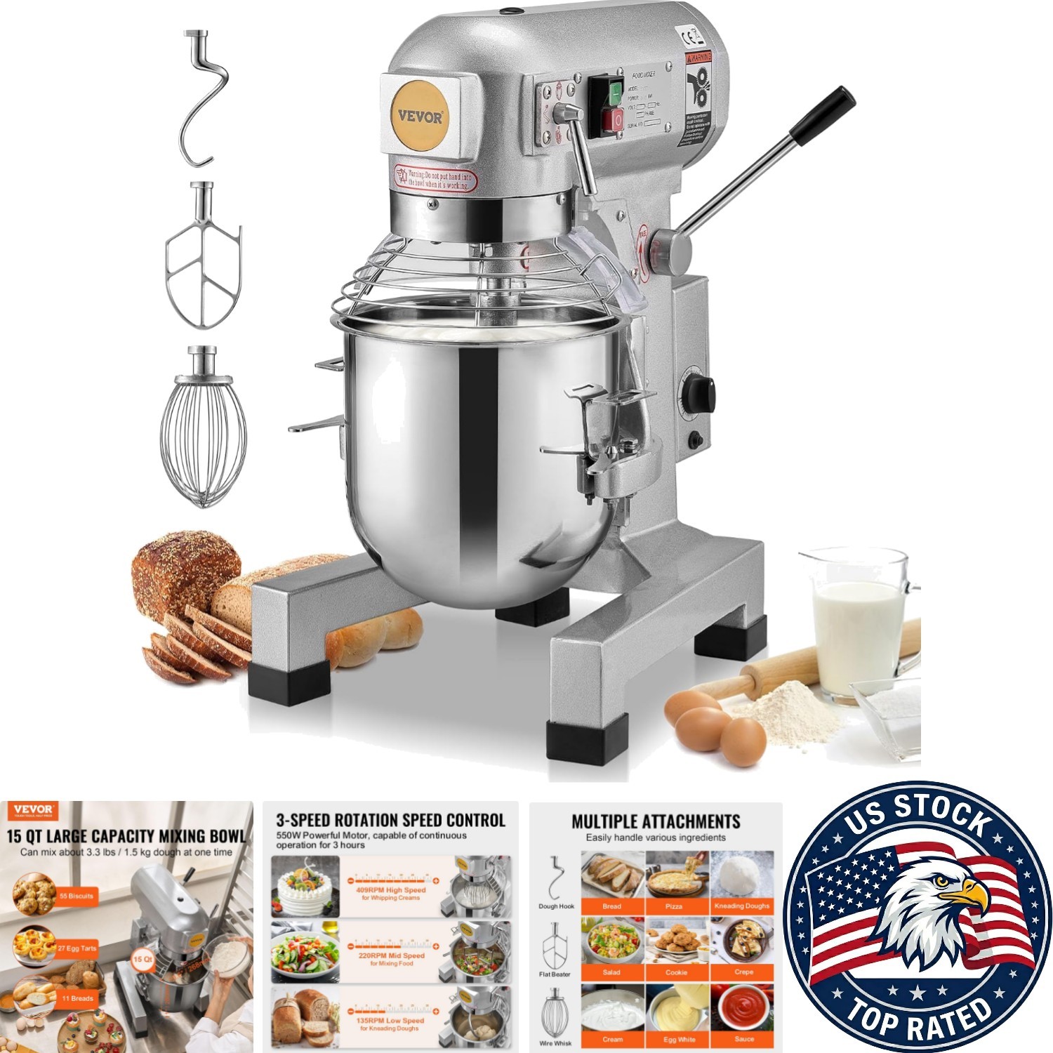 Professional 15Qt Stand Mixer – 550W Dough Mixer with Stainless Steel Bowl