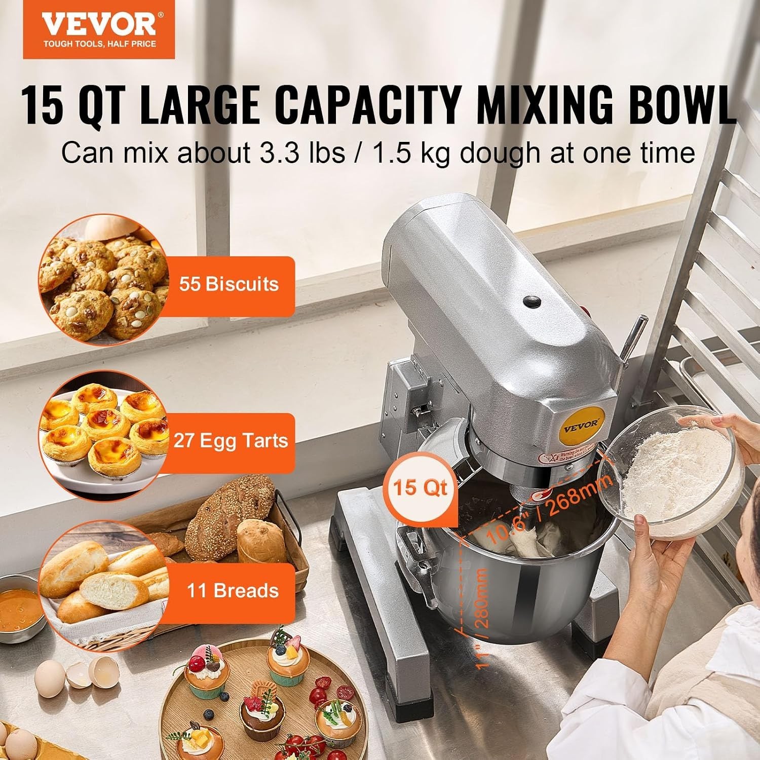 Versatile 15Qt Stand Mixer with Timer: Perfect for Bakeries & Restaurants