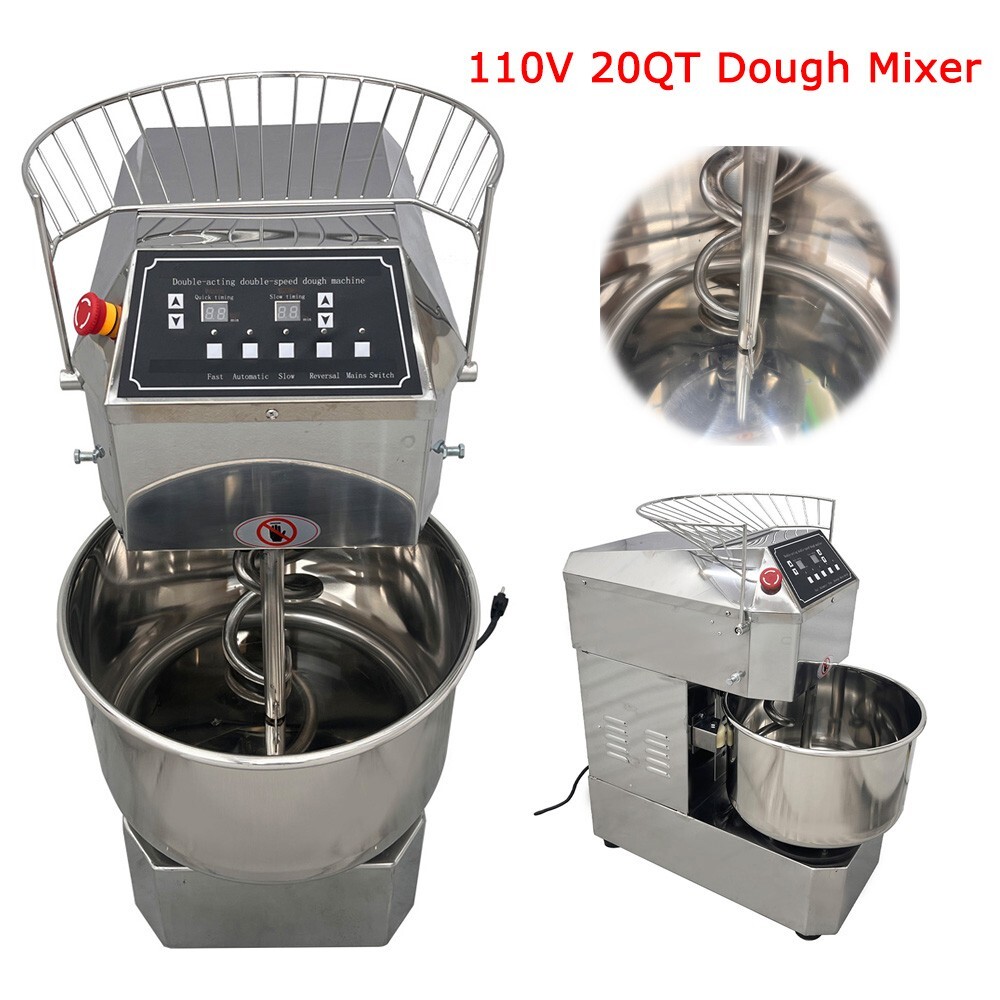 110V Commercial Dough Mixer Machine 20QT Double Speed Spiral Mixer Time Setting