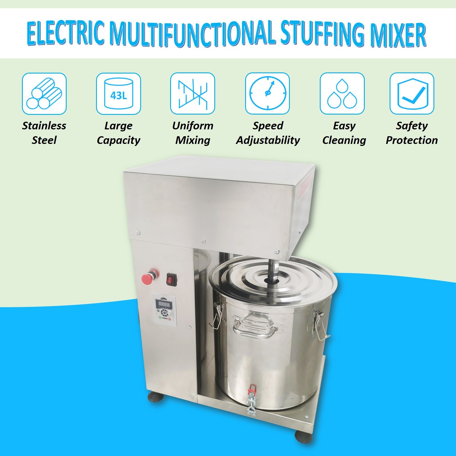 43L Commercial Stuffing Mixer, Variable Speed 0-200rpm, for Dumpling Bun Filling