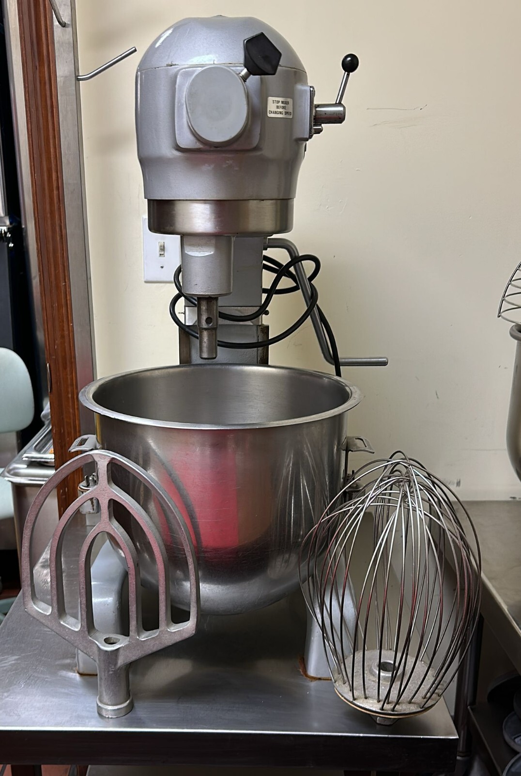 20 Quart Mixer Hobart A-200T 120V Stainless Steel Bowl, Paddle Whisk and table.