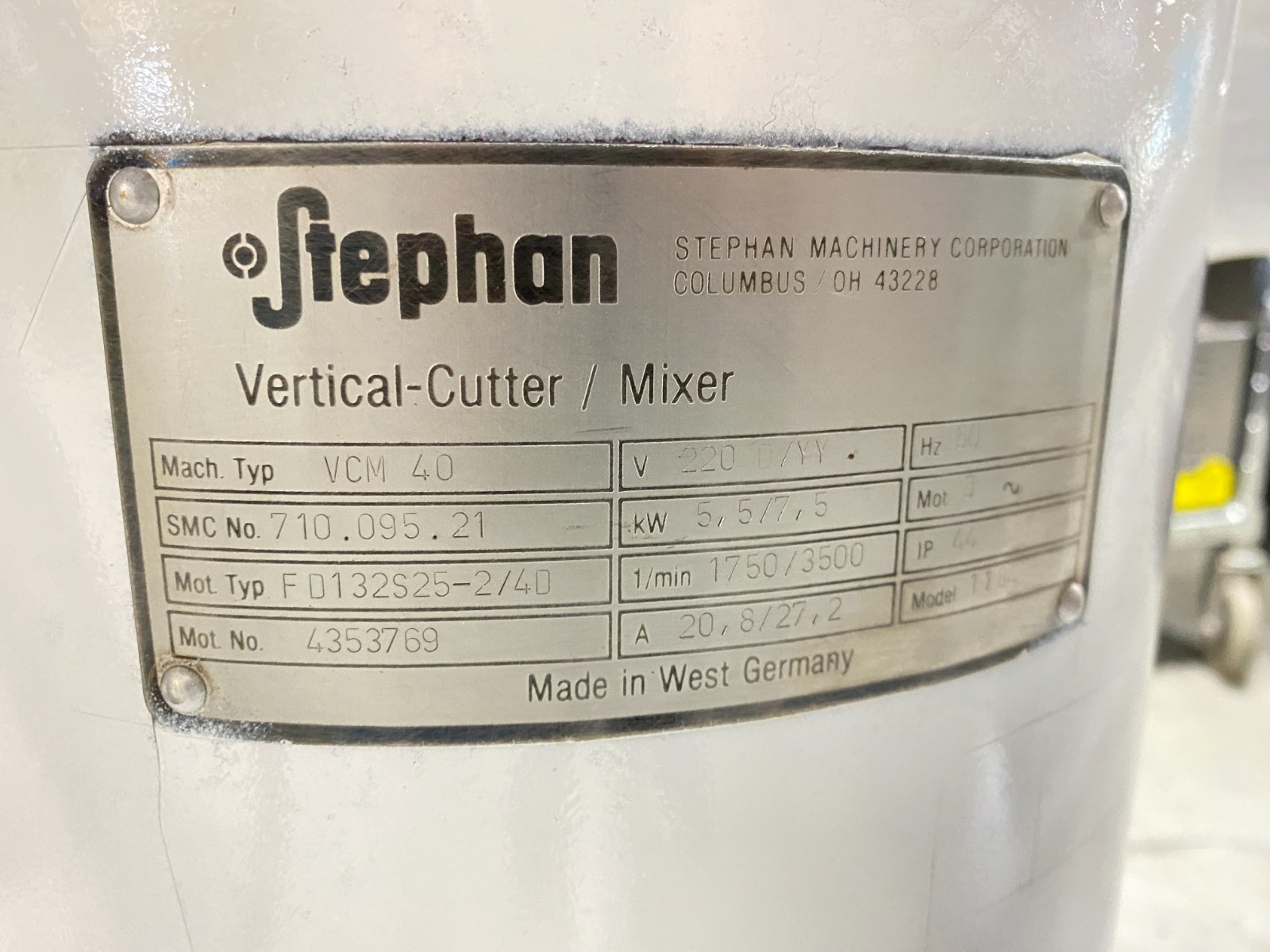Mixers/ Vertical-Cutter Stephan VCM 40/ 2 HP Motor/ 220V, 3 Phase / 2 Speeds/#3