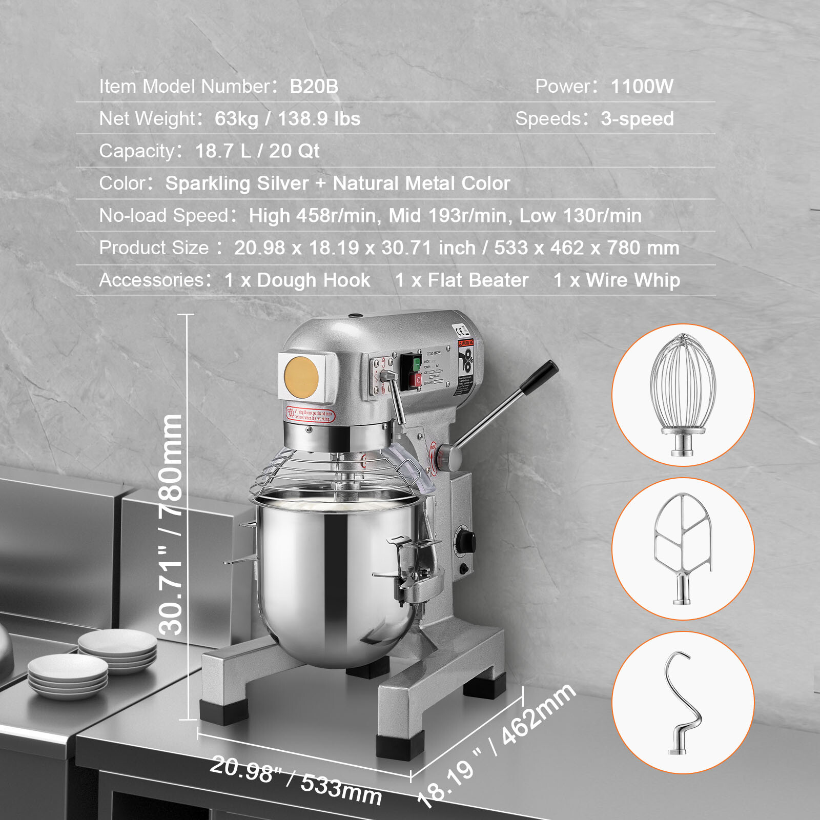 VEVOR Commercial Dough Mixer 20QT 3-Speed Stand Food Mixer 1100W for Restaurant