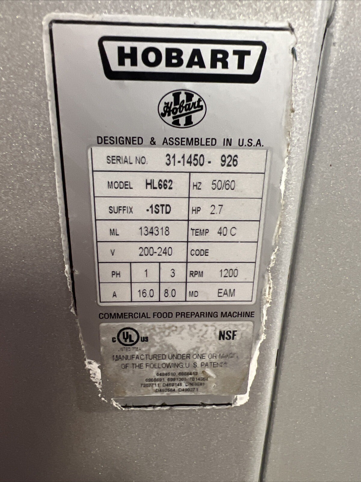 Hobart HL600/662 -60 qt Planetary Mixer -Floor Model, 2.7 hp, 200/240v, 1 Or 3ph