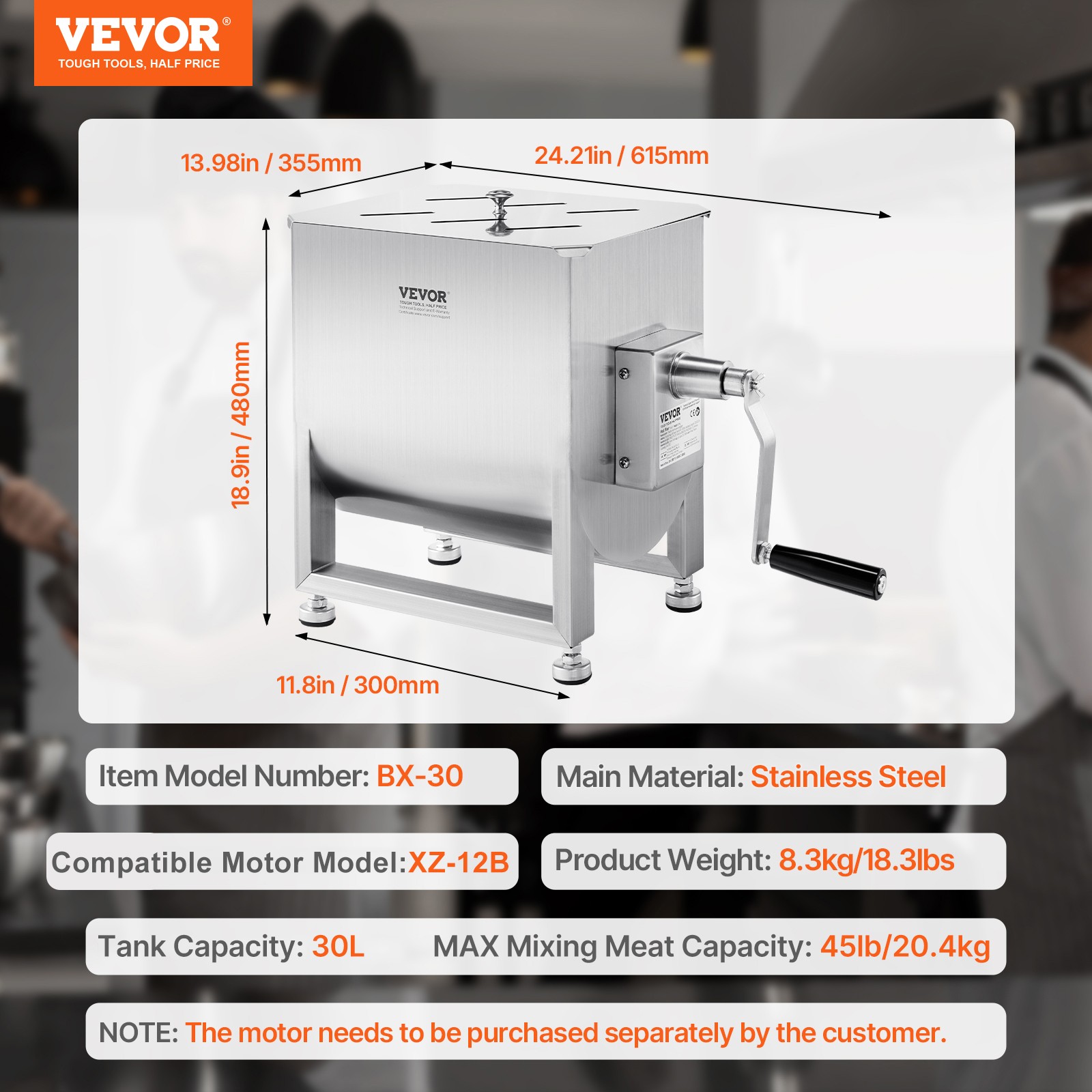 VEVOR Manual Meat Mixer Fixed Tank Mixing Max 60LB for Meat Sausage Mixer
