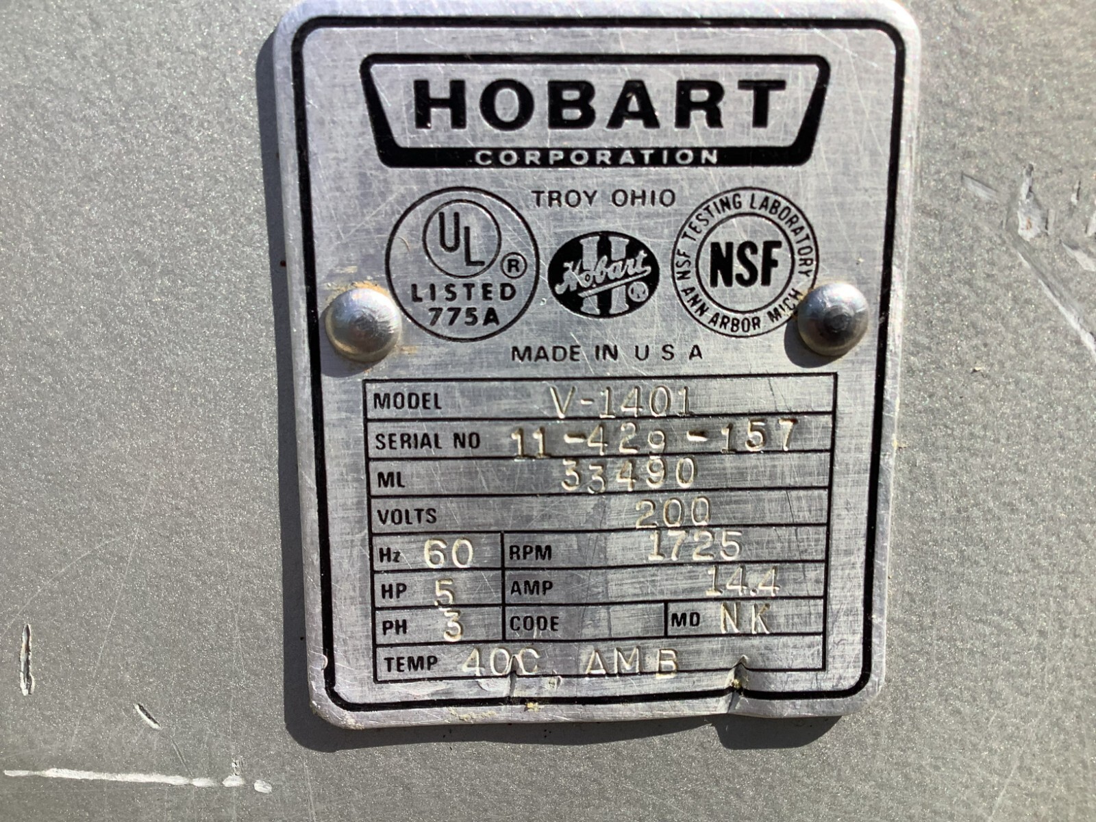 Commercial Mixer 140qt Hobart V1401 Bowl and Hook 5hp 3ph 200V TESTED