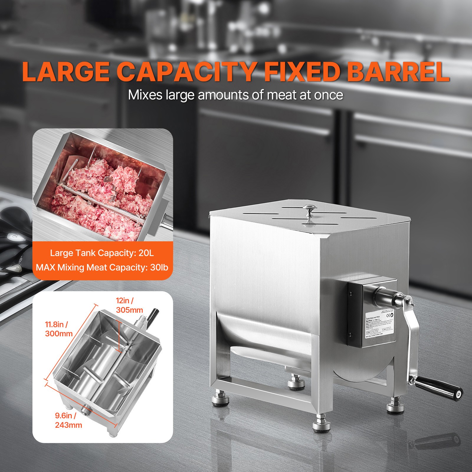 Uimoso Manual Meat Mixer 20L Fixed Tank Mixing Max 30LB for Meat Sausage Mixer