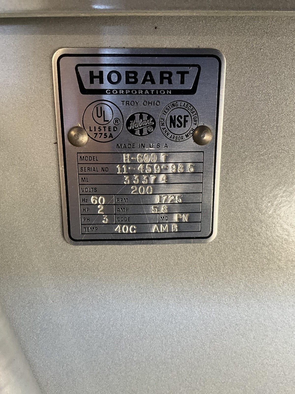 Hobart 60qt Dough mixer H600T Pizza Bakery Donut Pastry Shop with 60/30 bowl