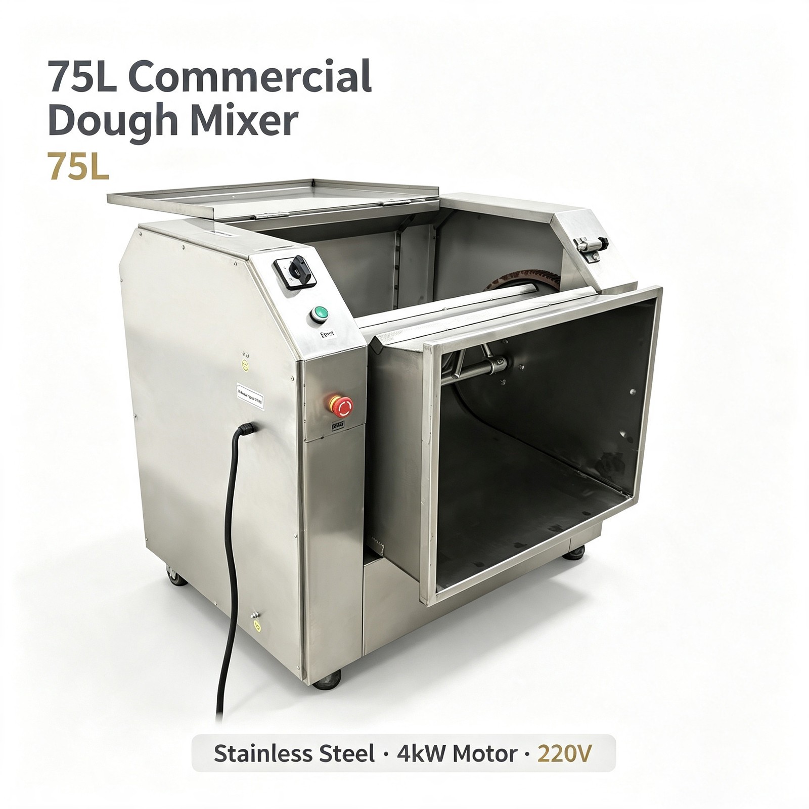 75L Industrial Dough Mixer, 220V 3-Phase, 110.23lb Dry Flour, Auto-Stop Lid, 90°
