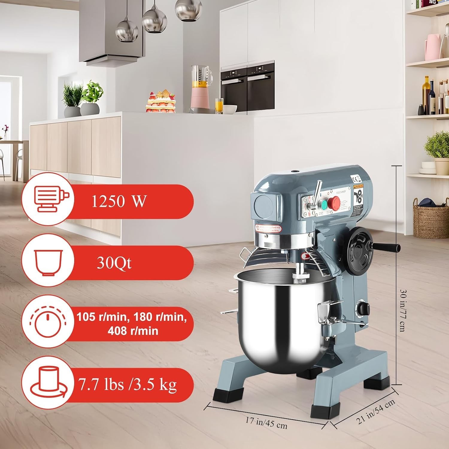 30Qt Commercial Food Mixer with Timer 1250W Power 3 Speed Stainless Steel Bowl