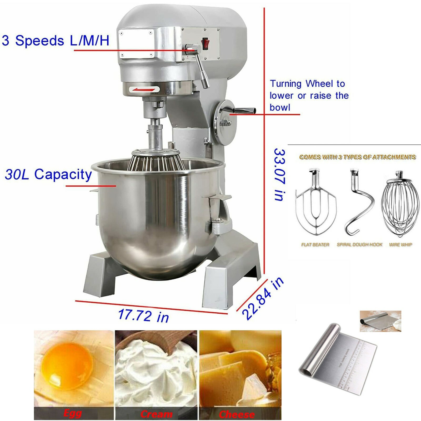 110V 30QT Commercial Dough Mixer Electric Food Machine 3 Speeds Blender