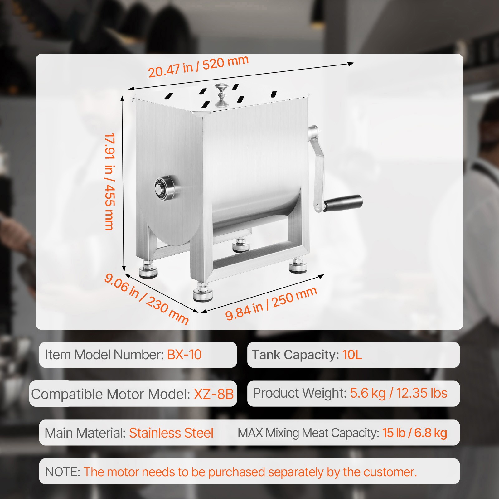 Uimoso Manual Meat Mixer 10L Fixed Tank Mixing Max 15LB for Meat Sausage Mixer