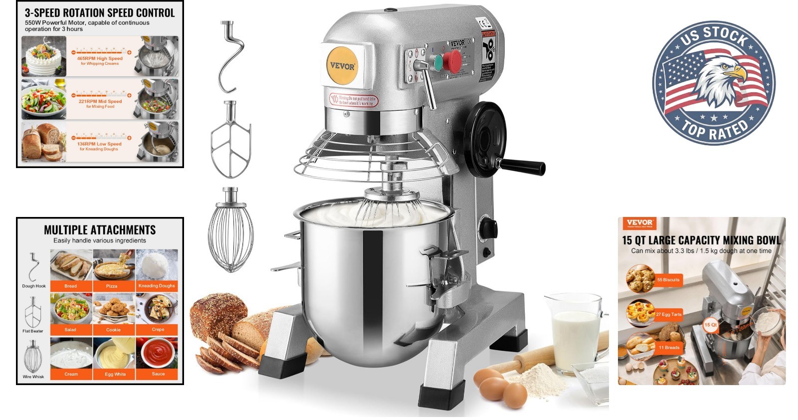 Versatile 15Qt Stand Mixer with Timer: Perfect for Bakeries & Restaurants