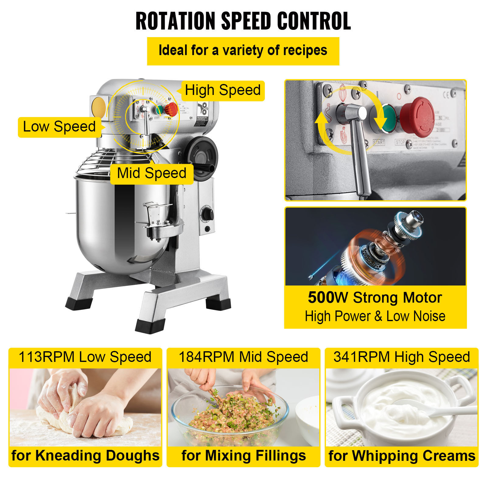 VEVOR Commercial Food Mixer 15Qt Dough Mixer 3 Speeds Electric 30 Minute Timer