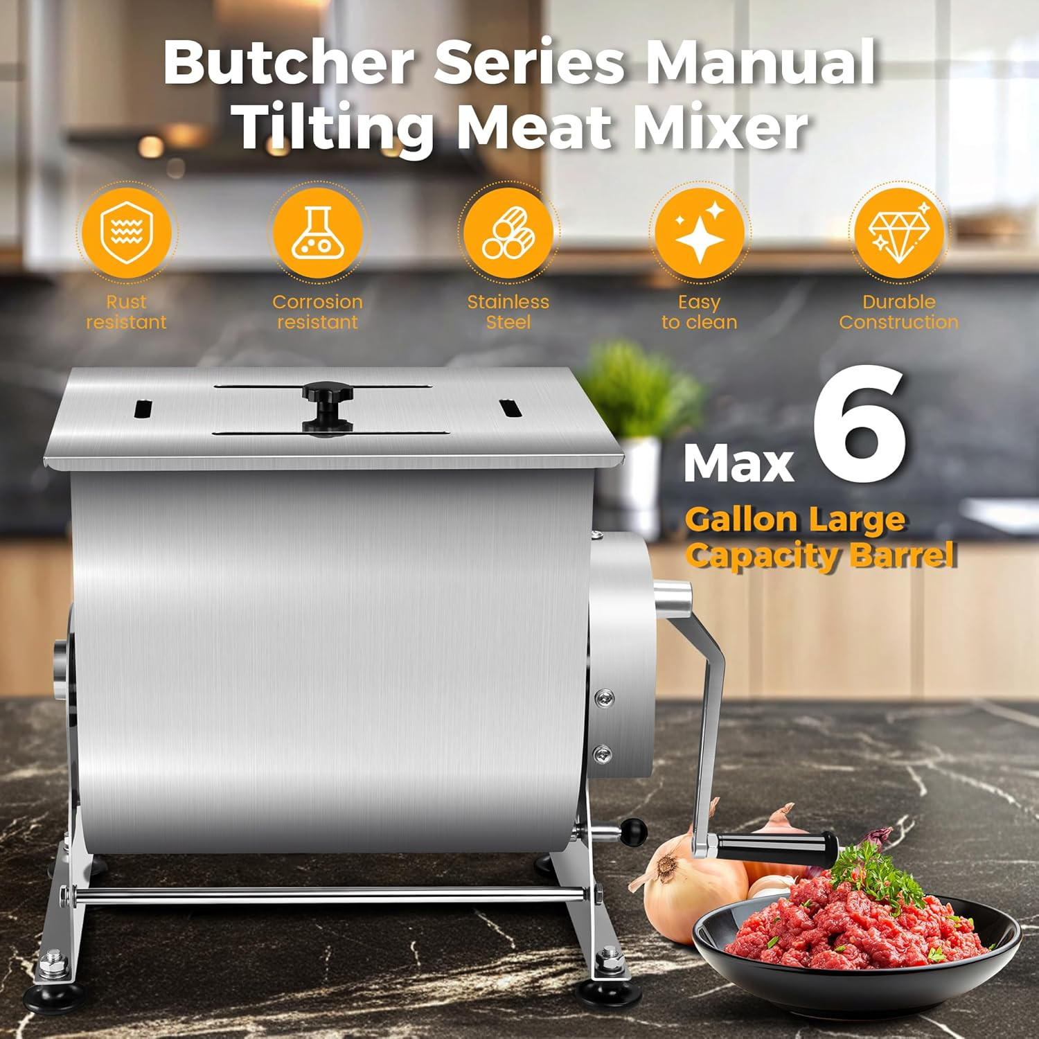 Manual Tilting Meat Mixer, 35 Lb / 6 Gallon Capacity, Stainless Steel Sausage St