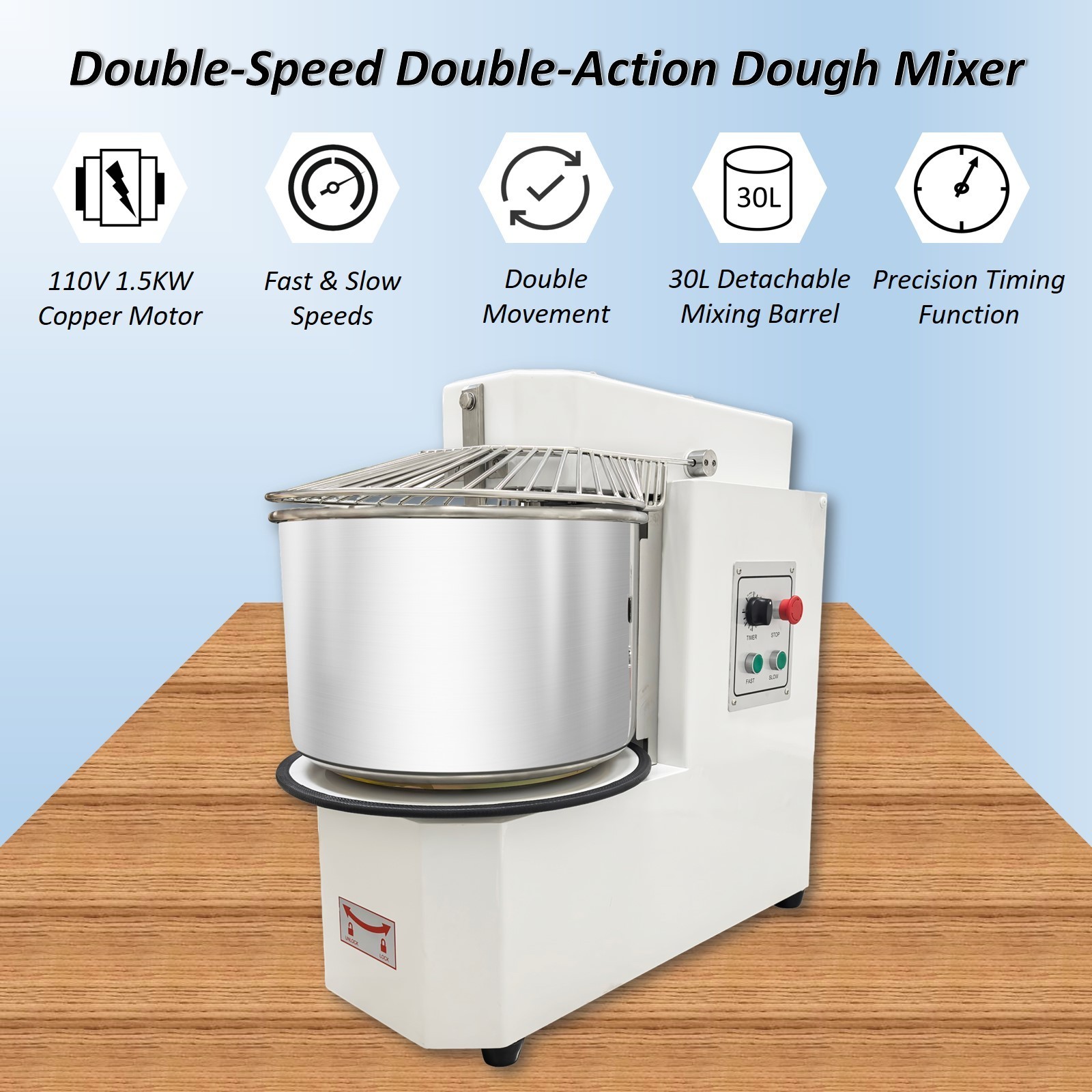 30L Commercial Food Mixer Machine 110V Spiral Dough Mixer with Detachable Bucket