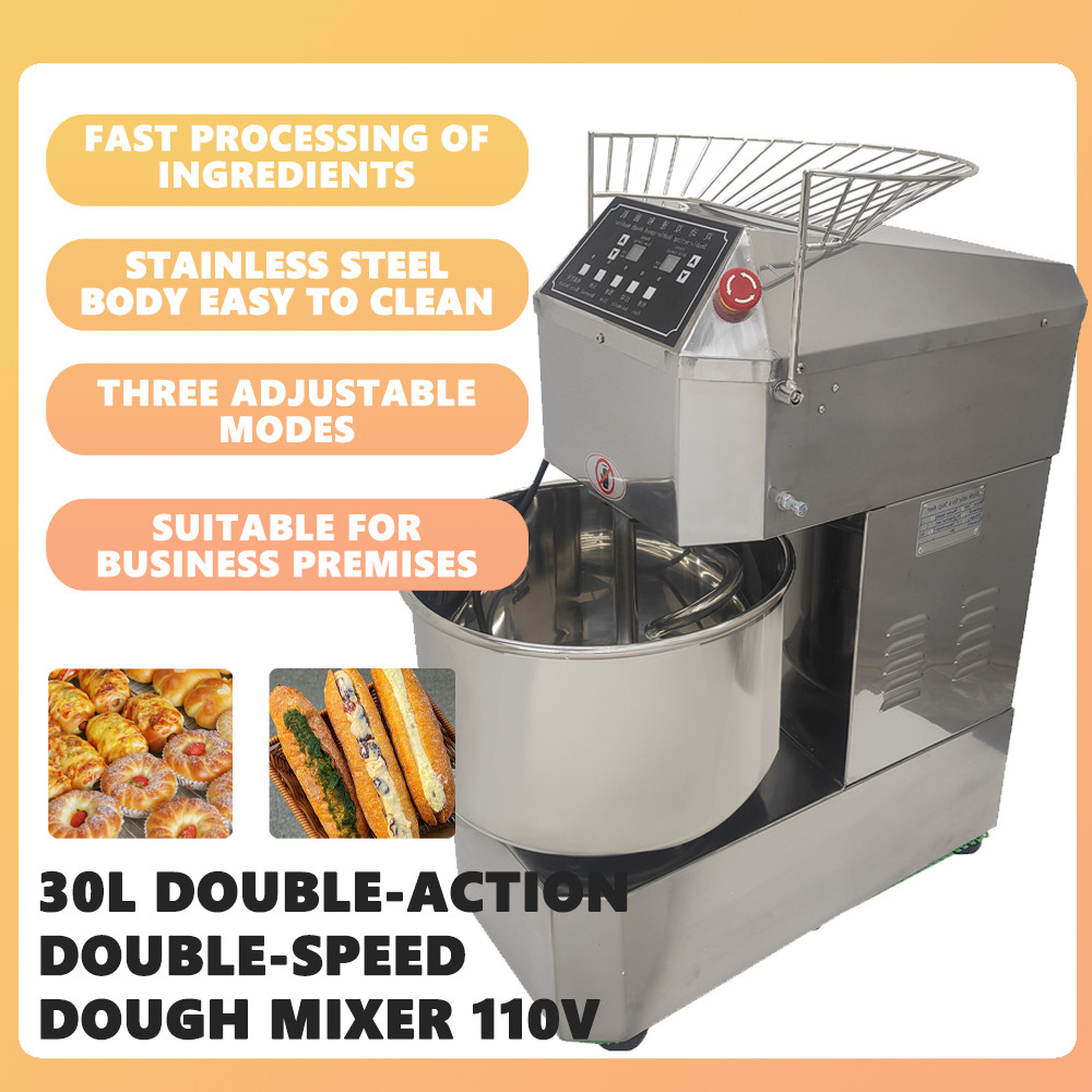 110V Double-speed Double-action Dough Spiral Mixing Machine 30L Flour Mixer