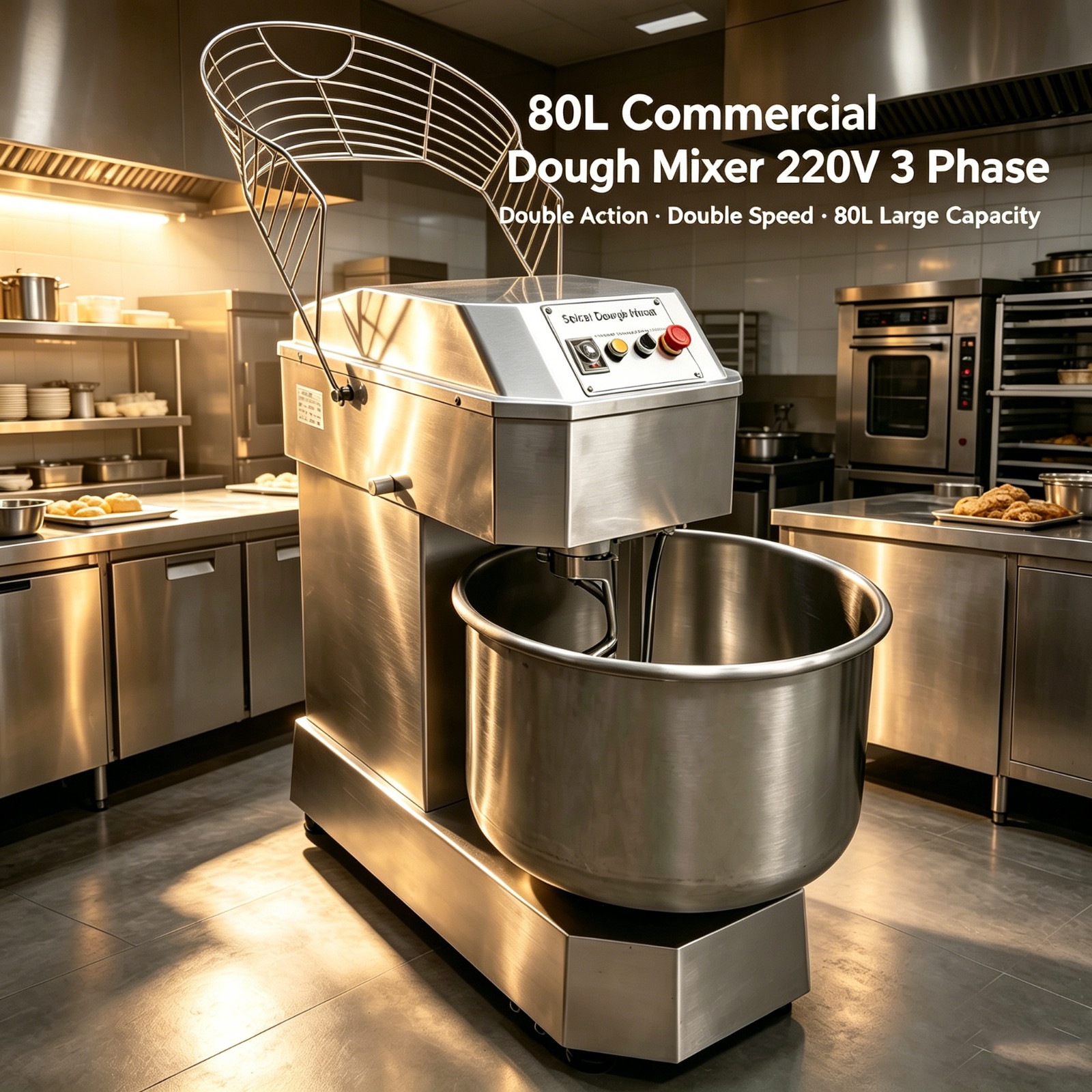 80L Commercial Dough Mixer, 220V 3 Phase Double Acting Double Speed Spiral Mixer