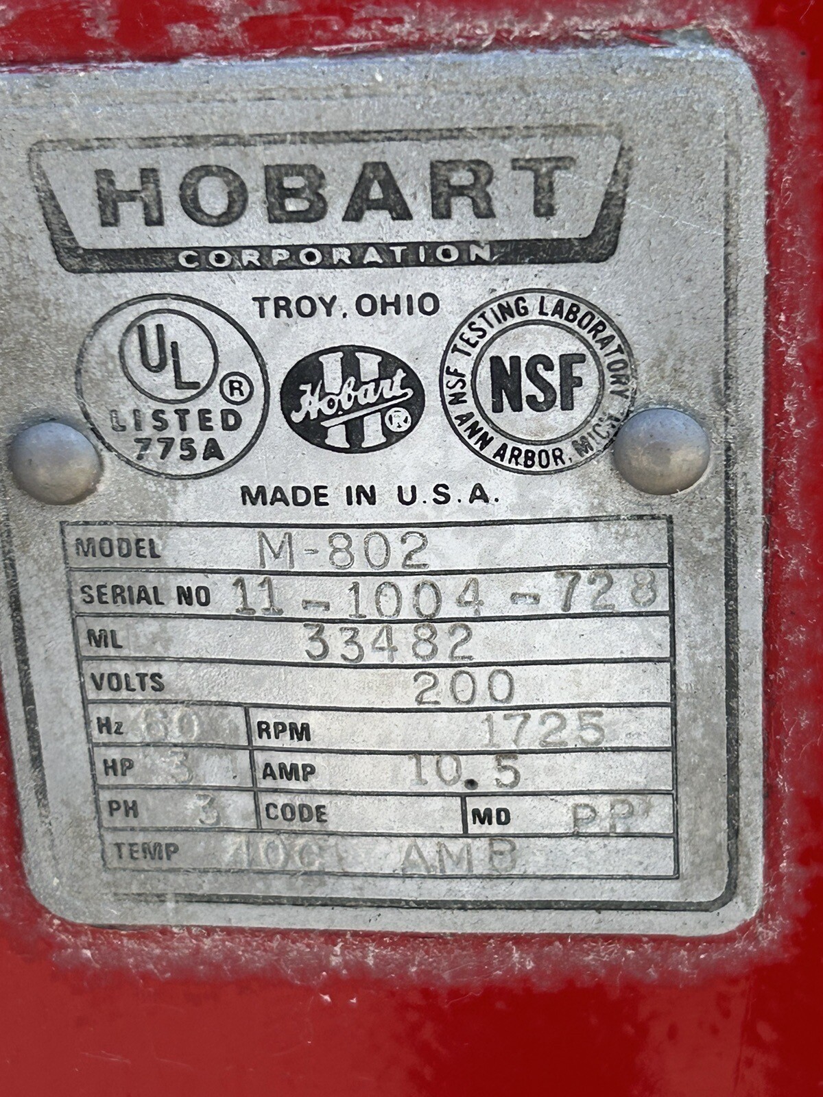Hobart 80 Qt M-802 Mixer With Stainless Steel Bowl and Paddle