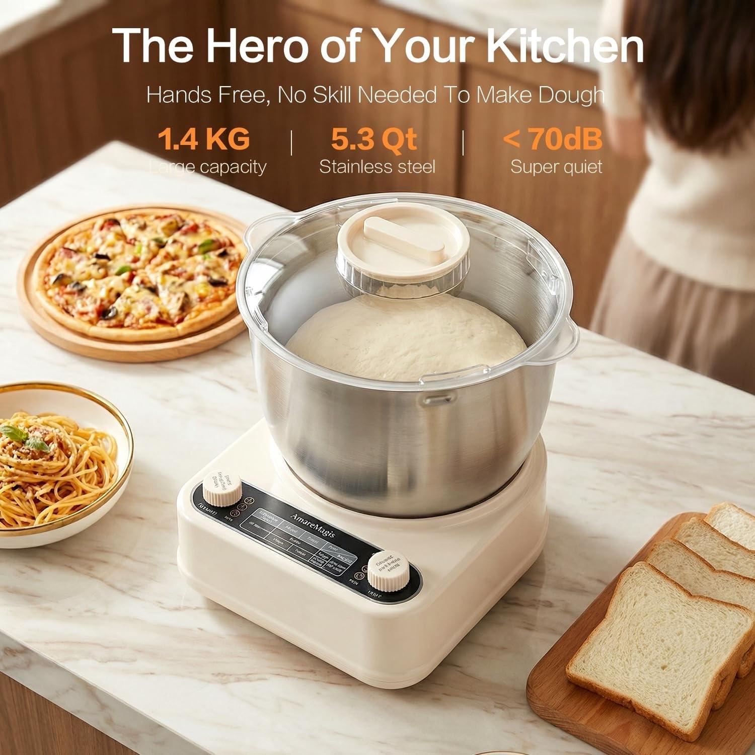 5.3QT Dough Kneader Machine with Timer & Fermentation, Electric Dough Mixer for