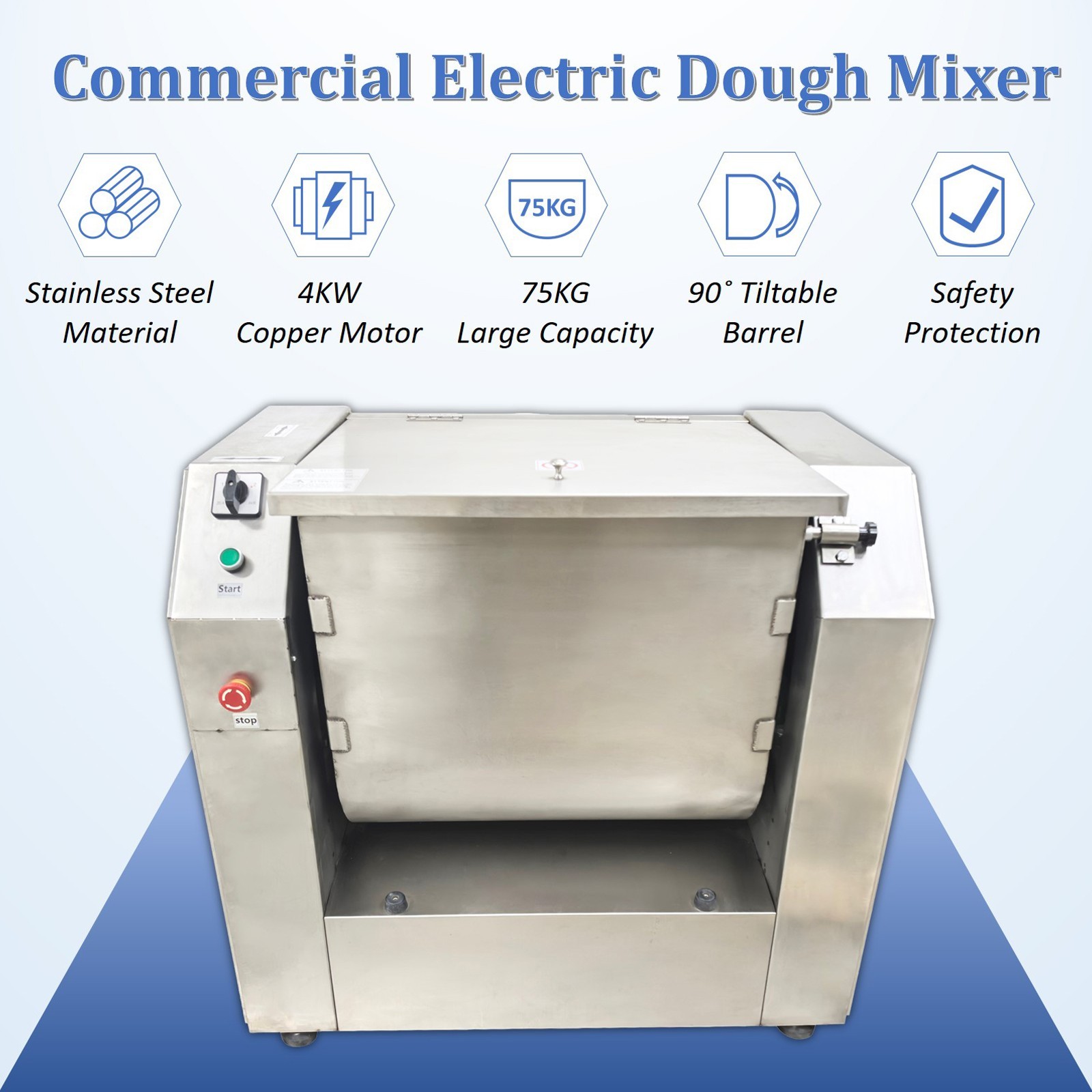 220V 3-Phase Commercial Dough Mixer 75L Stainless Steel Flour Mixing Machine