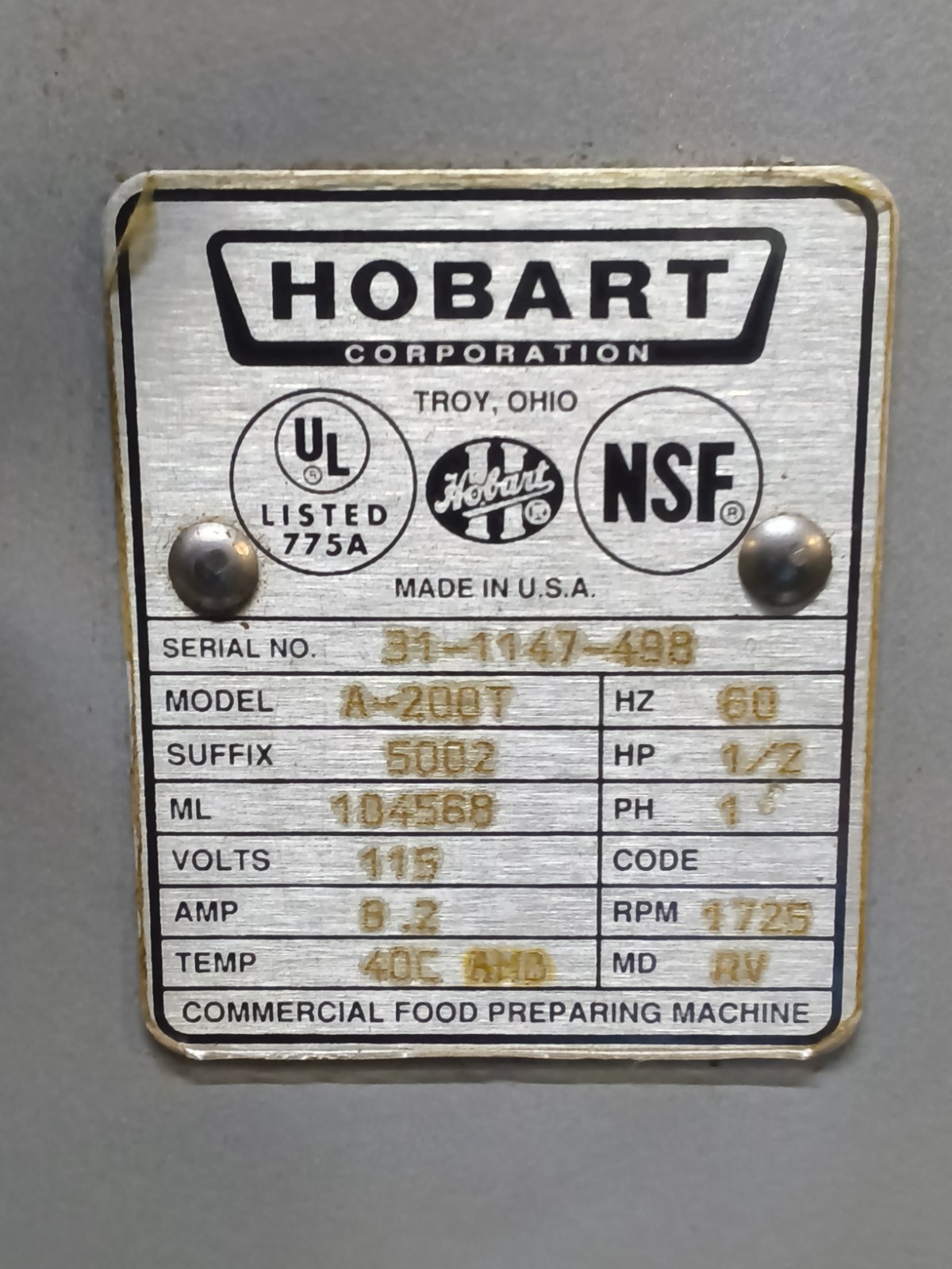 HOBART A-200T 20 QT COUNTERTOP BAKERY DOUGH MIXER WITH PADDLE