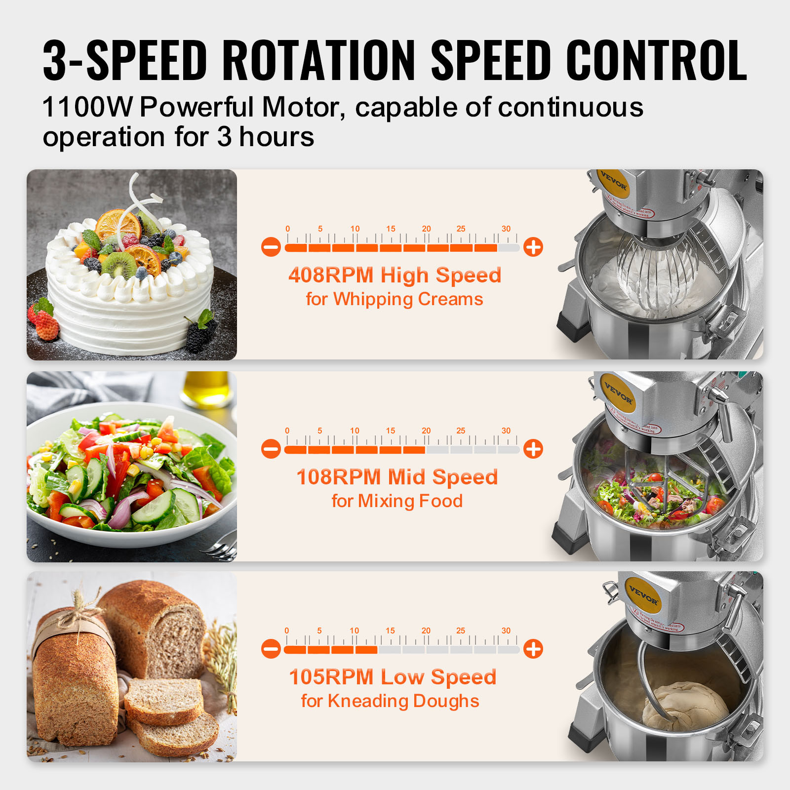 VEVOR Commercial Electric Food Mixer Stand Mixer 30Qt Dough Mixer 3 Speeds 1100W