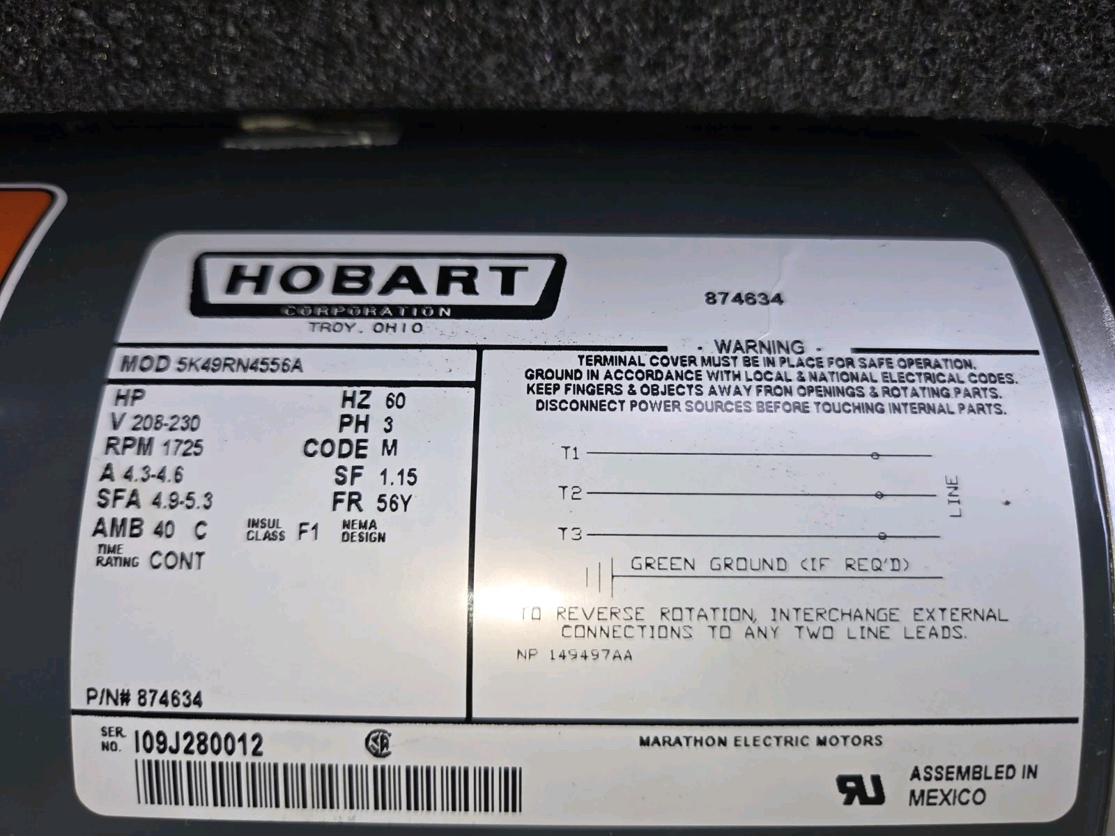 Genuine Hobart HL200 20qt Mixer Motor Assembly Part 874634