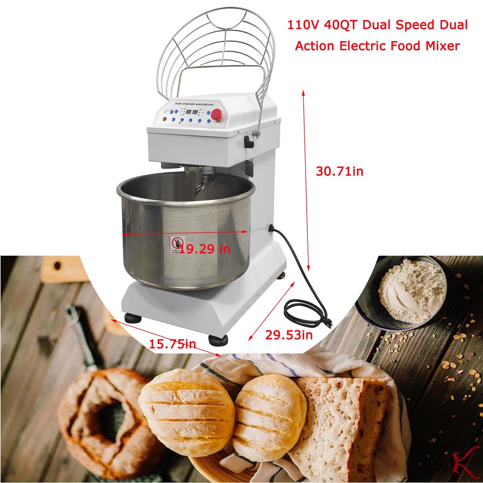 110V 40QT Dual Speed Dual Action Electric Spiral Dough Mixer w/ Micro control