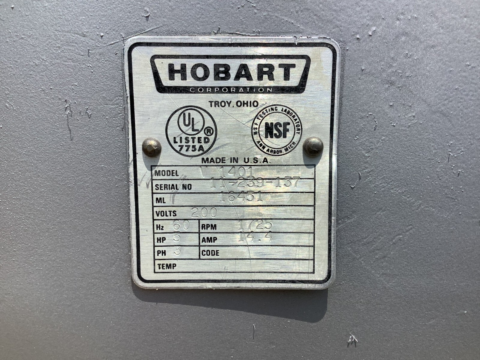 Commercial Mixer 140qt Hobart V1401 Bowl, Cart and Hook 5hp 3ph 200V TESTED