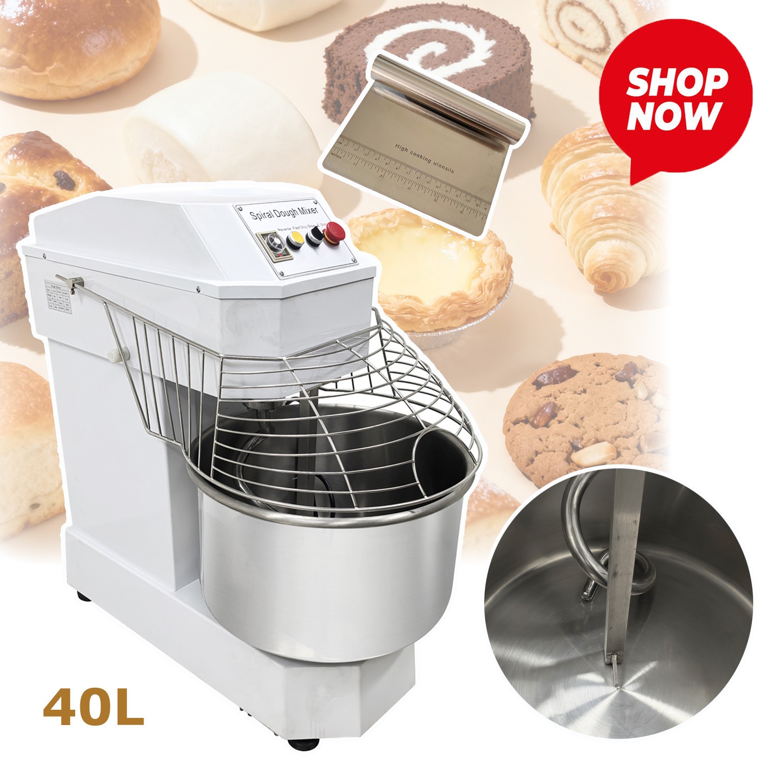40L S/S Double-Acting Double-Speed Dough Mixer No Plug w Random Timing E-Stop