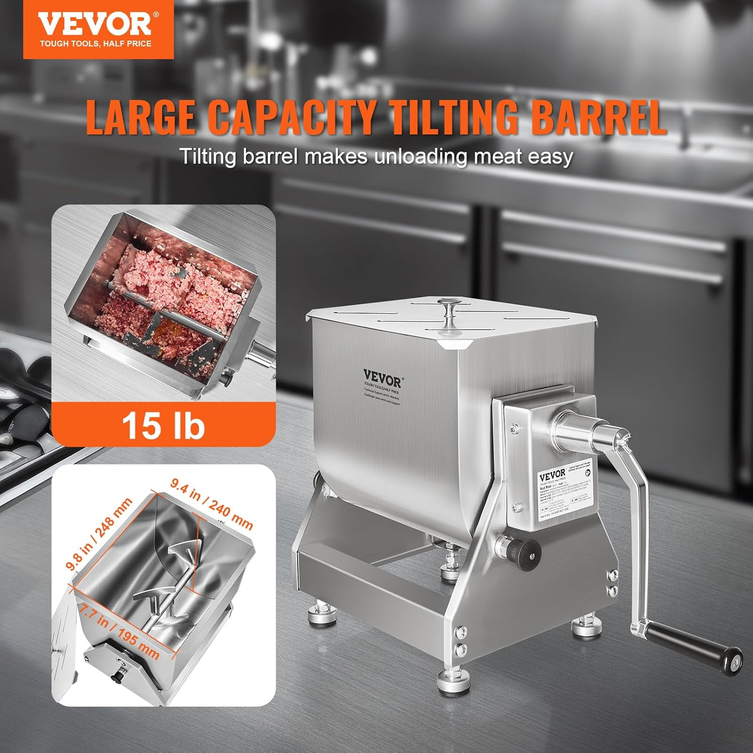 15lb Stainless Steel Manual Meat Mixer with Lid & Handle for Sausage Making