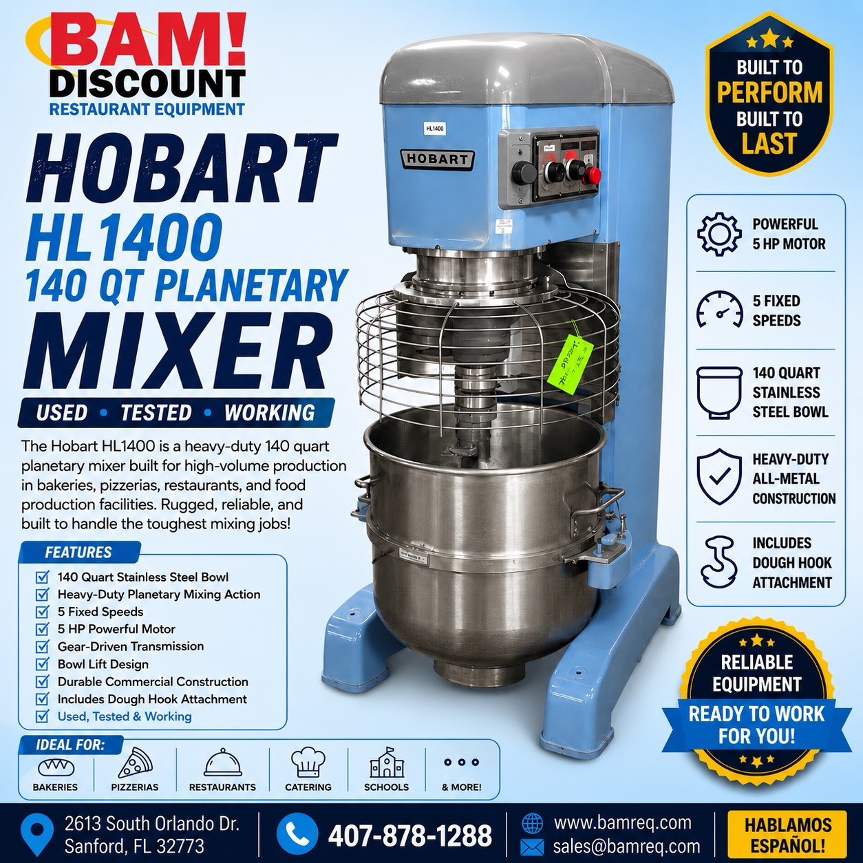 Hobart Legacy HL1400-1STD 140 Qt. Planetary Floor Mixer with Guard & Dough Hook